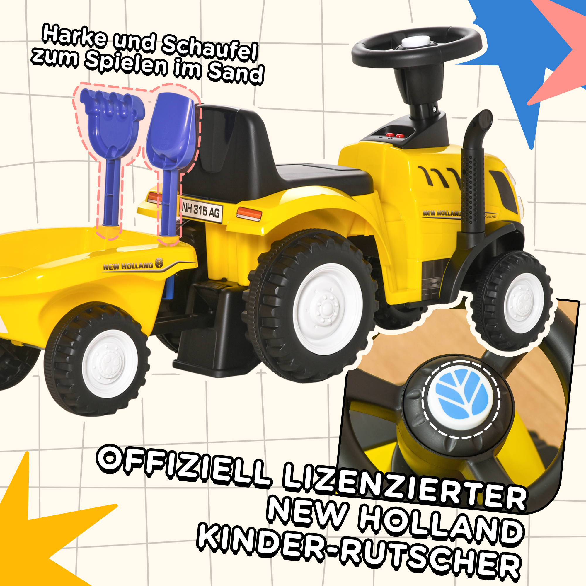 Rutsch-Traktor mit Anhänger, Hupe, Sandspielzeug, ab 1 Jahr, Kunststoff+Metall, gelb, 91 x 29 x 44cm