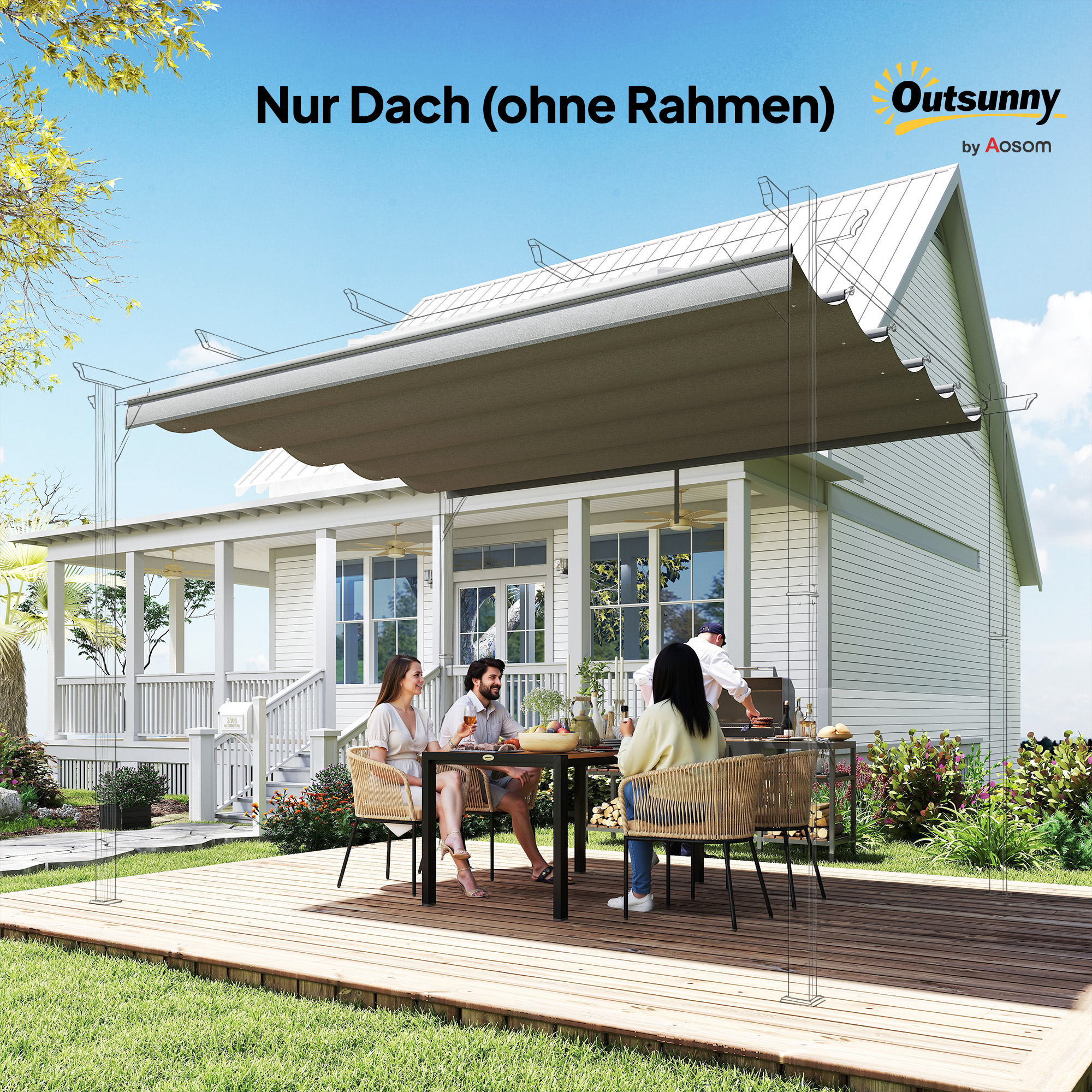 Ersatzdach für 4 x 3 m Pergola, einziehbar, mit Regenabflusslöchern, wetterfest, Polyester, Hellgrau