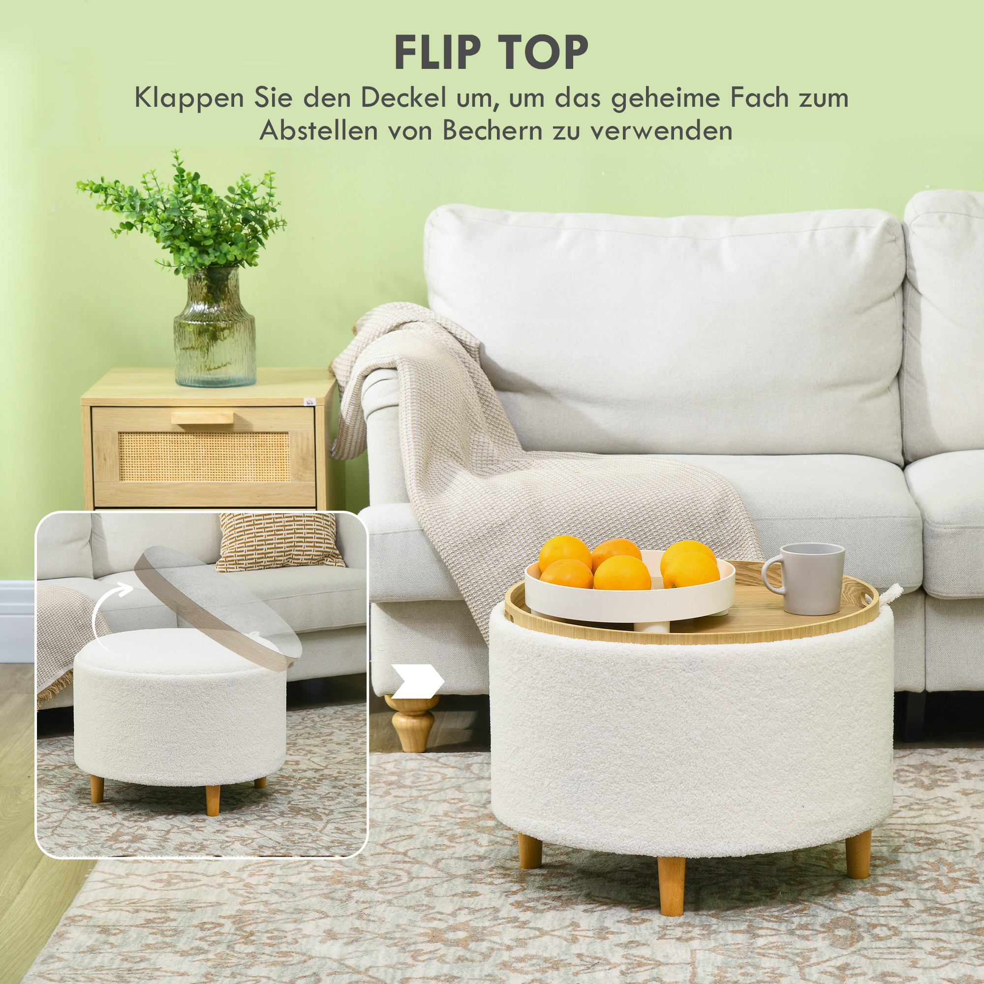 Hocker Polsterhocker, Teddyfleece, versteckter Stauraum, umkehrbarer Deckel, 56 cm x 56 cm x 42 cm, Weiß