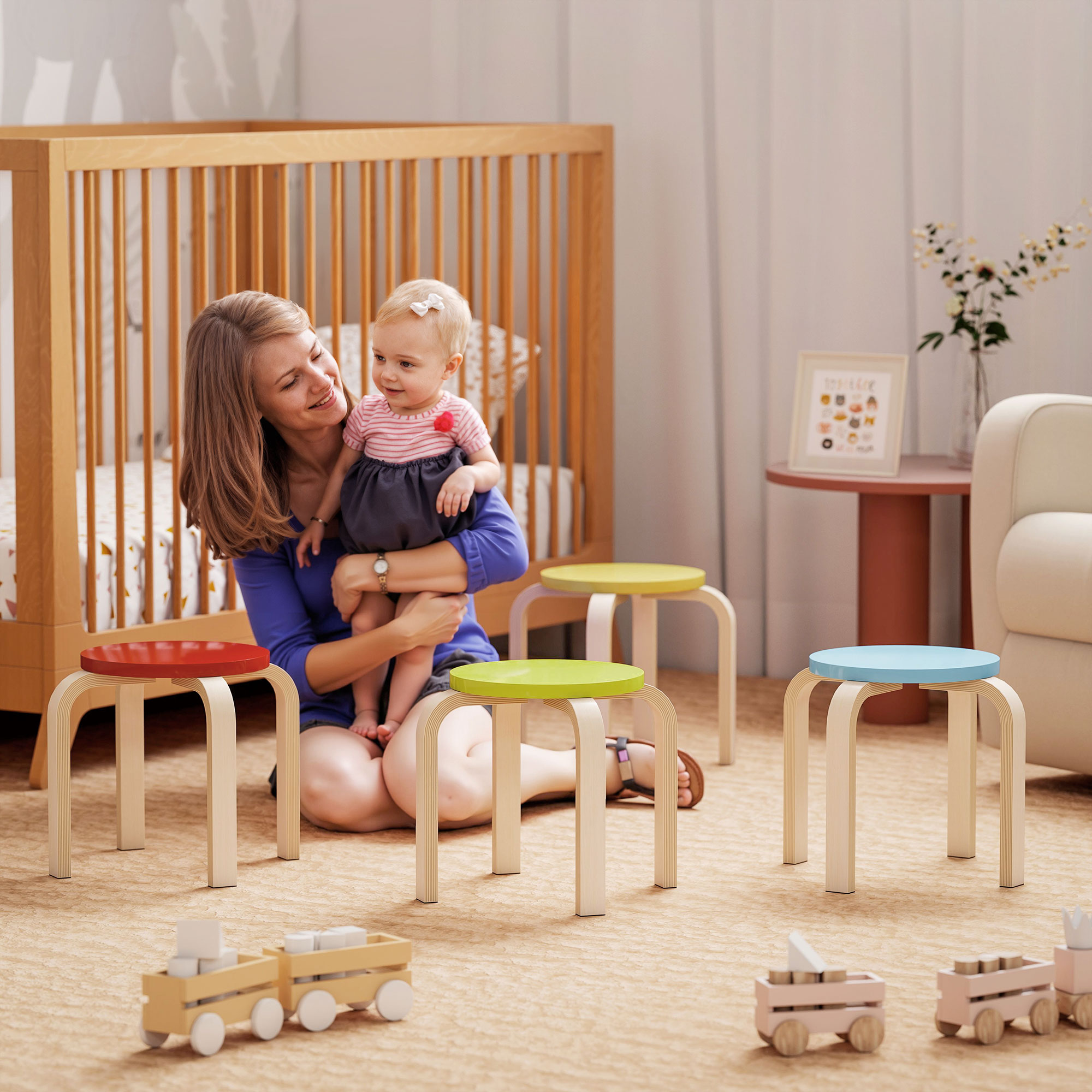 4 Stapelhocker mit Filzfußpolstern, Birken-Sperrholz, lackiert, Bunt