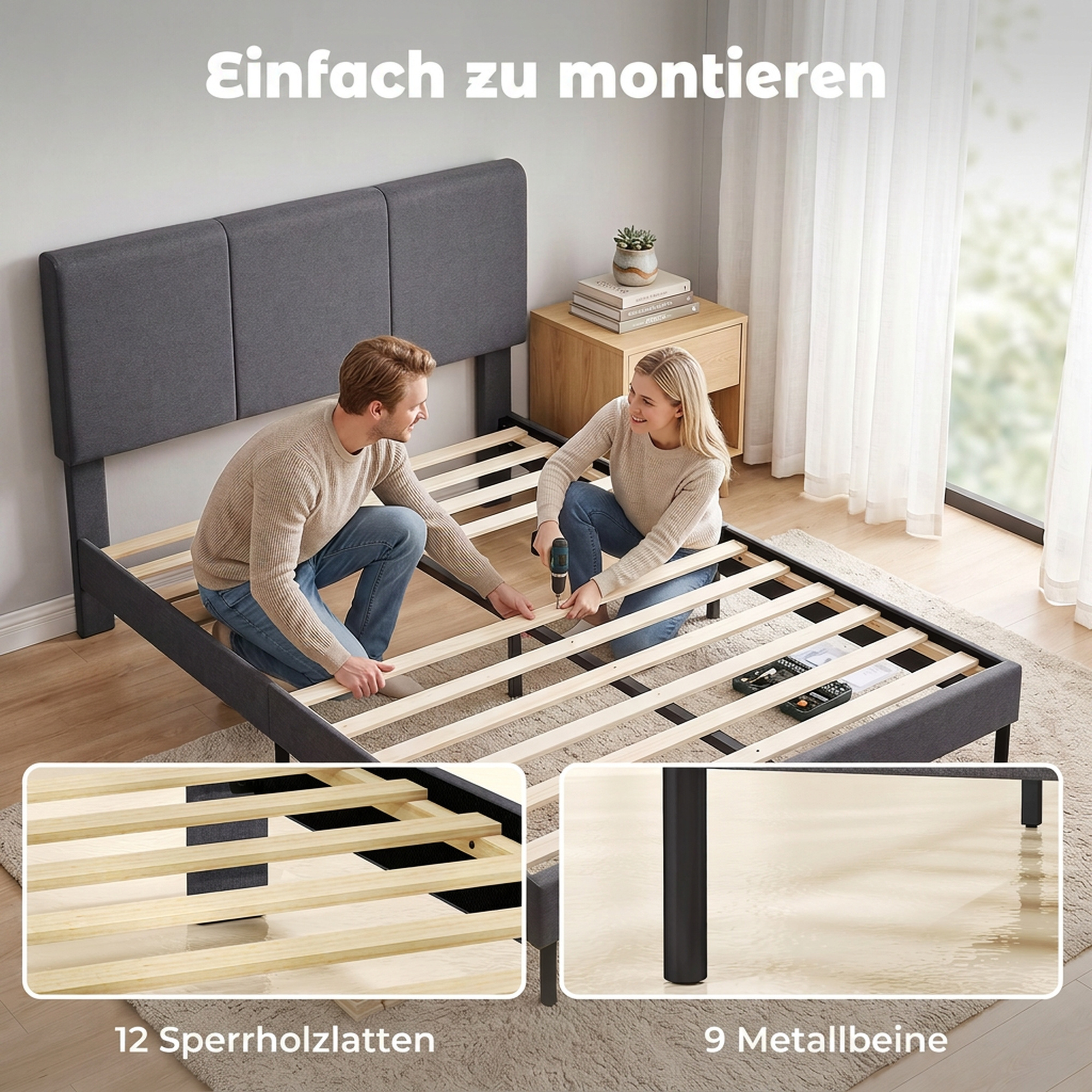 Bettgestell 140 x 200 cm mit verstellbarem Kopfteil, gepolstertes Bett in Leinenoptik mit 12 Latten