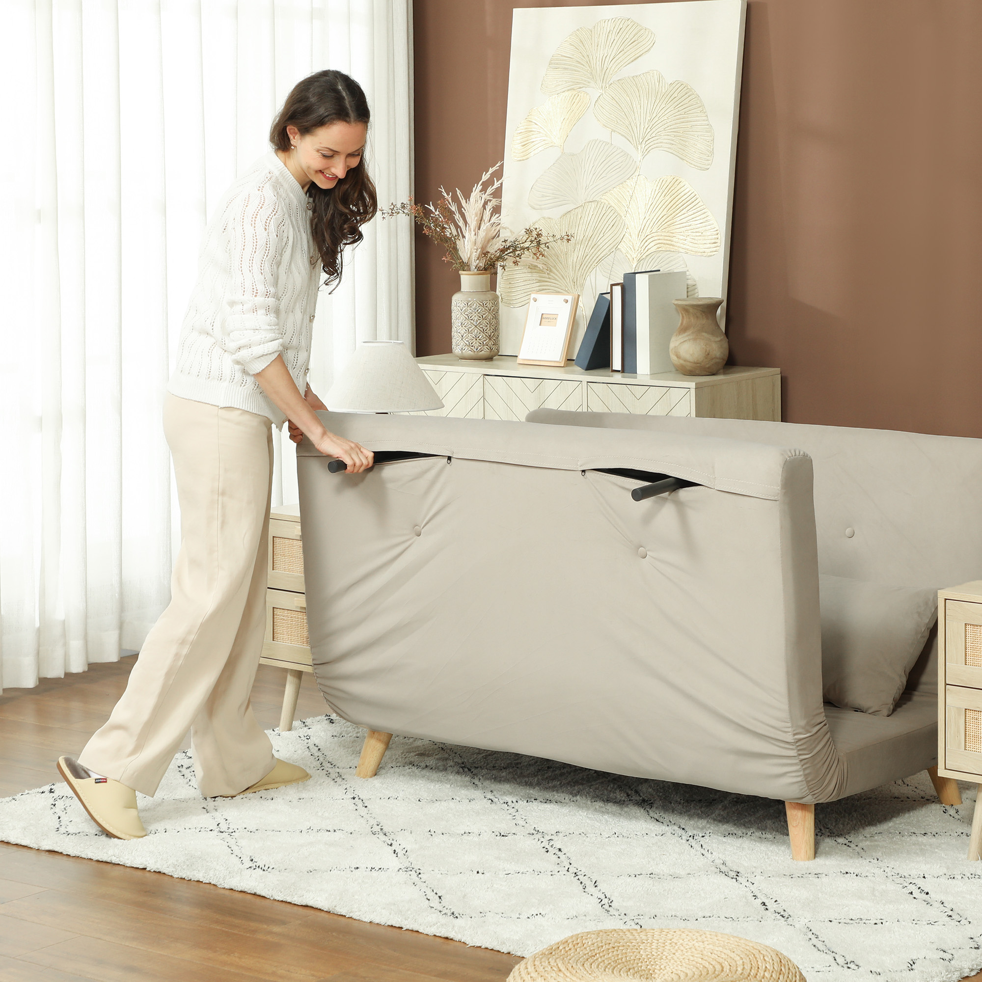 Schlafsofa Relaxsofa Sofa Couch, inkl. 2 Kissen, Samtoptik, 130 x 78 x 79 cm, Beige