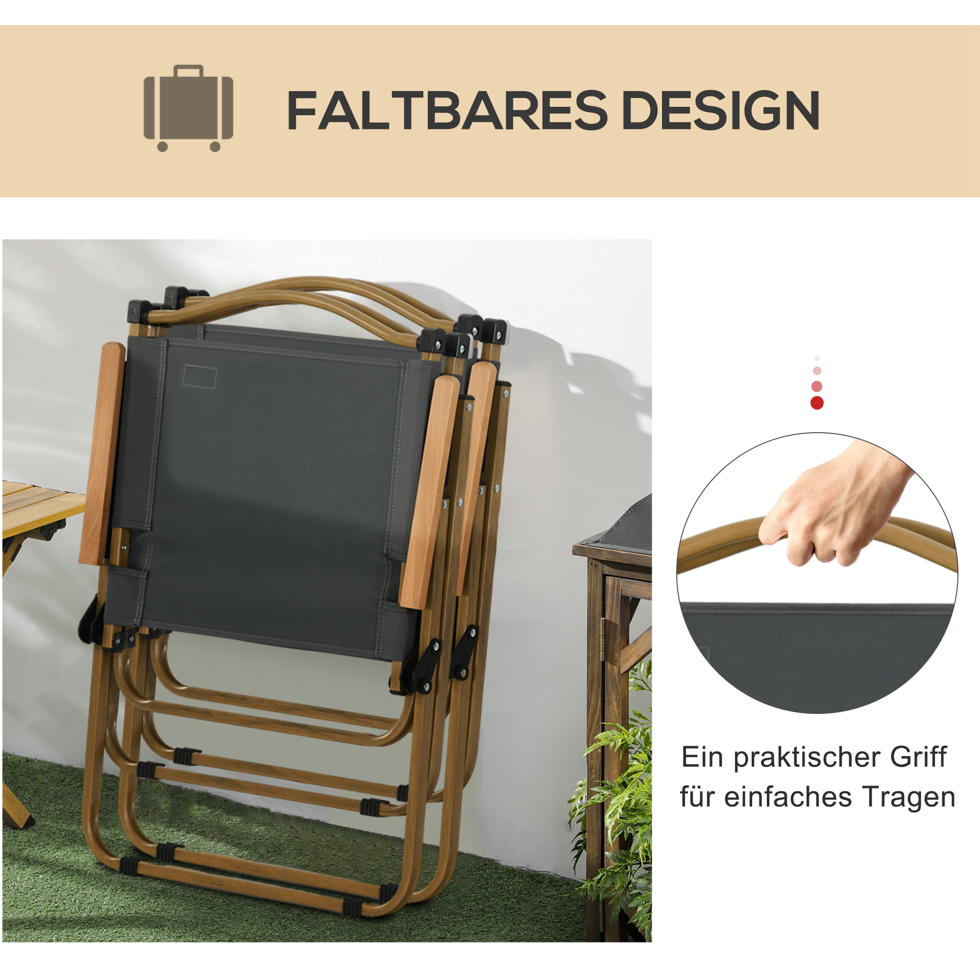 Campingstühle, 2 x Strandstuhl, faltbar, Stahl, Holzoptik, Dunkelgrau