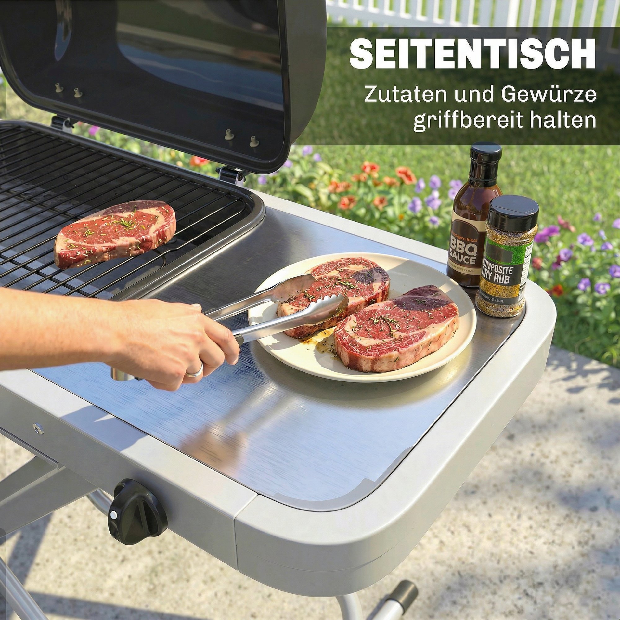 tragbarer Gasgrill 1-Brenner 2,5kW Grillwagen mit Faltbarem Rollwagen Grillrost Seitentisch Deckel Thermometer