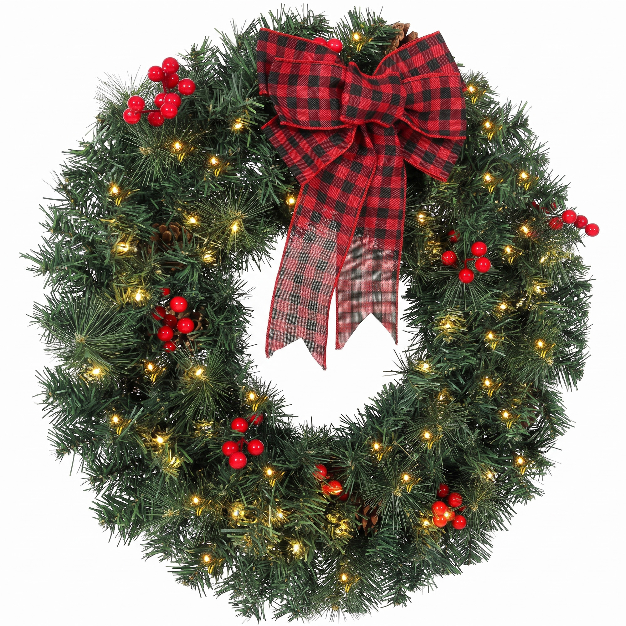 Weihnachtskranz 60 cm Türkranz mit Crestwood-Fichten Design, Schleife, 50 LEDs, 140 Zweigspitzen, 8 Leuchtmodi