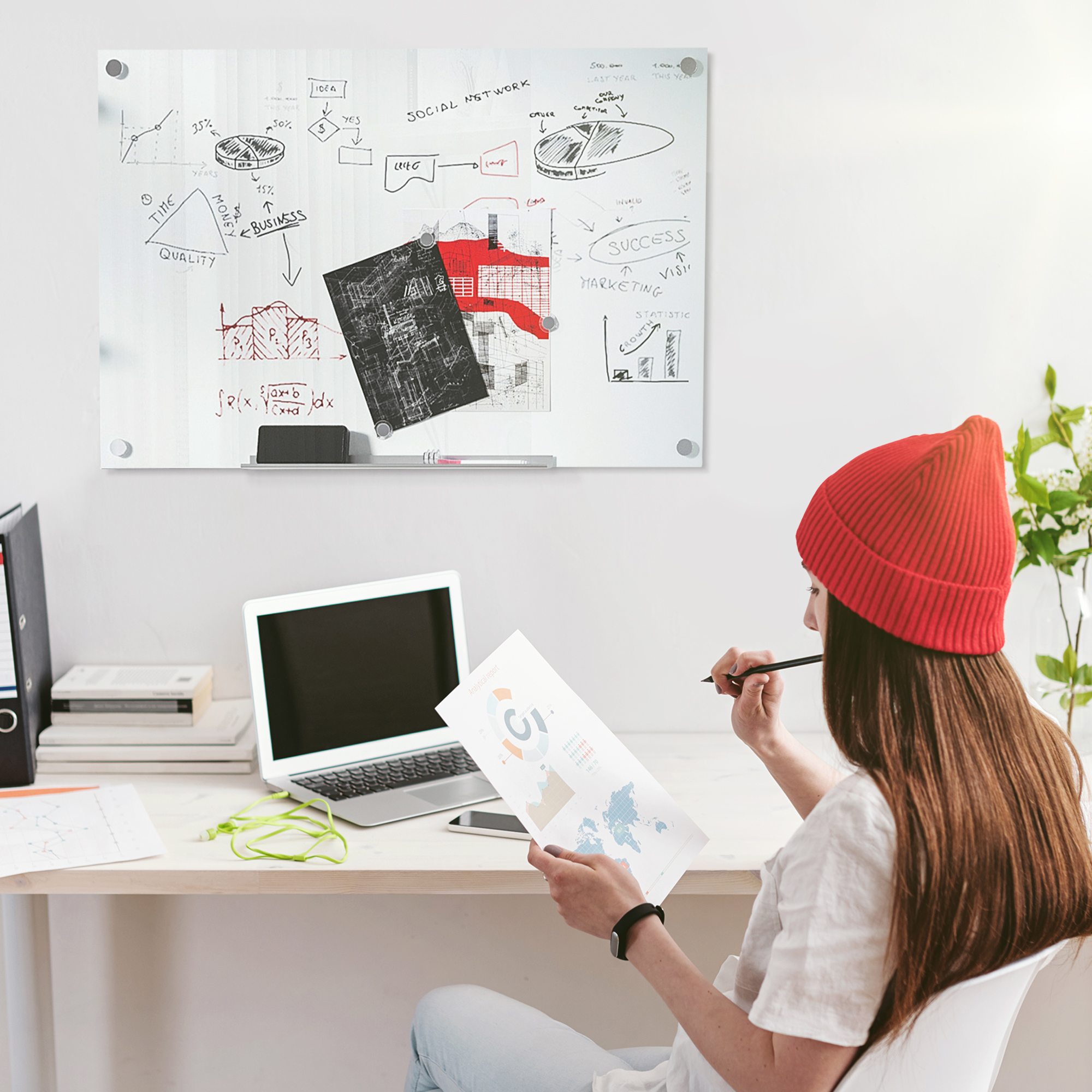 Glas Whiteboard, Memoboard, Whiteboard,  4 Stifte, 6 Magnete, 1 Schwamm,1 Ablage, Weiß