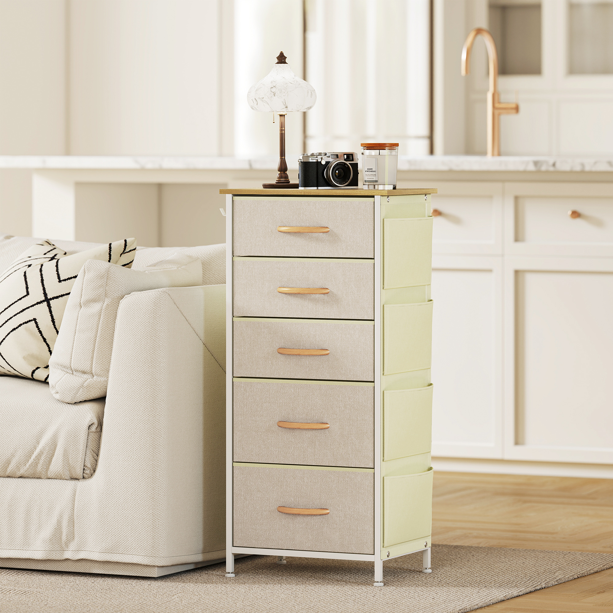 Schlafzimmer-Kommode mit 5 Stoffschubladen, Stahlstreben, Holzoberfläche, 4 Aufbewahrungstaschen, 2 Haken, Beige