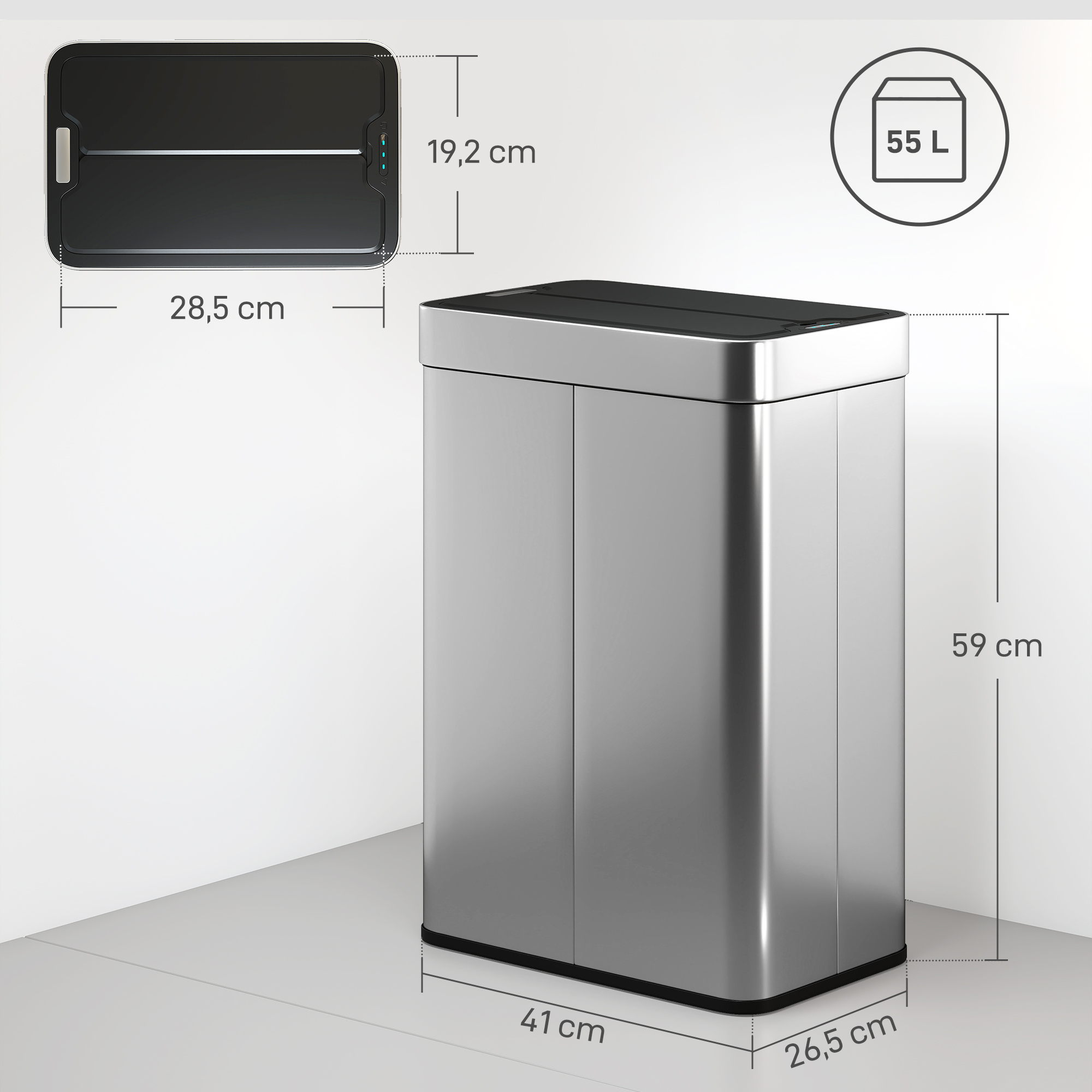 Sensor-Mülleimer, 55 L Kapazität, Schmetterlingsdeckel, öffnet automatisch, Edelstahl, Silberfarben