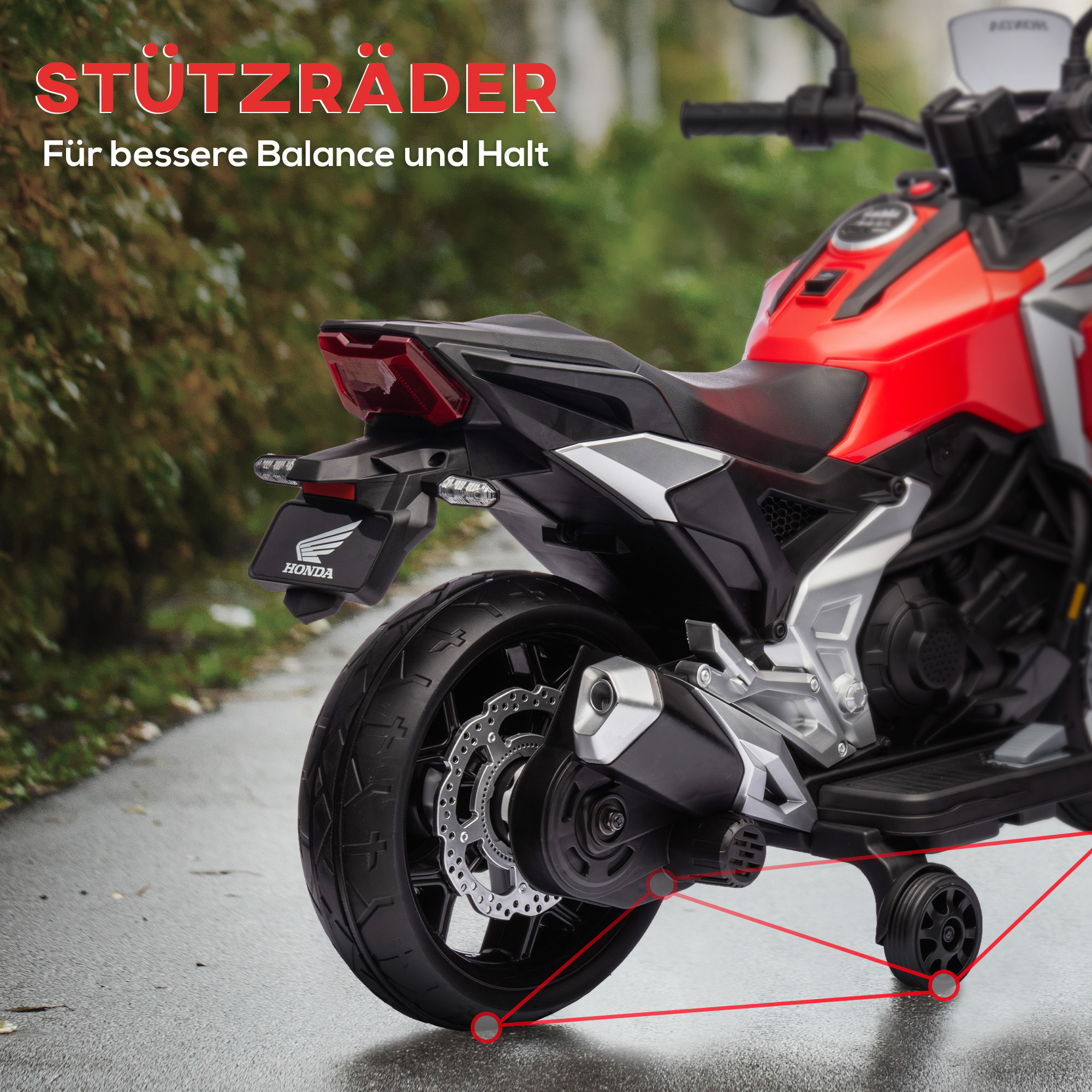 Elektro-Kindermotorrad, Honda, 3 km/h, Musik & Licht, 3-6 Jahre, bis 30 kg, Rot