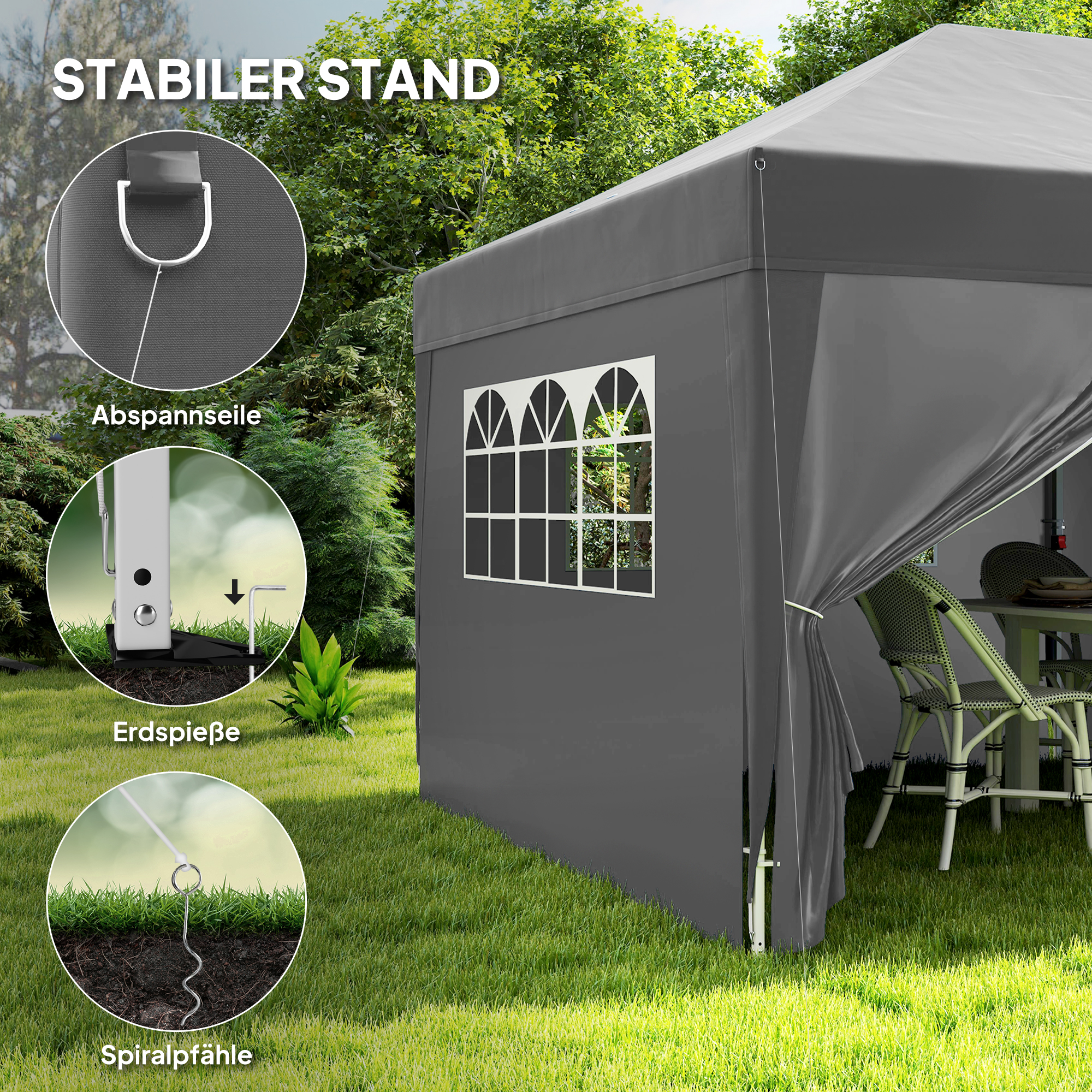 Pavillon ca. 6x3m Stabil Winterfest Pop-up Faltpavillon mit Fenster Reißverschlusstür Seitenteilen UV Schutz