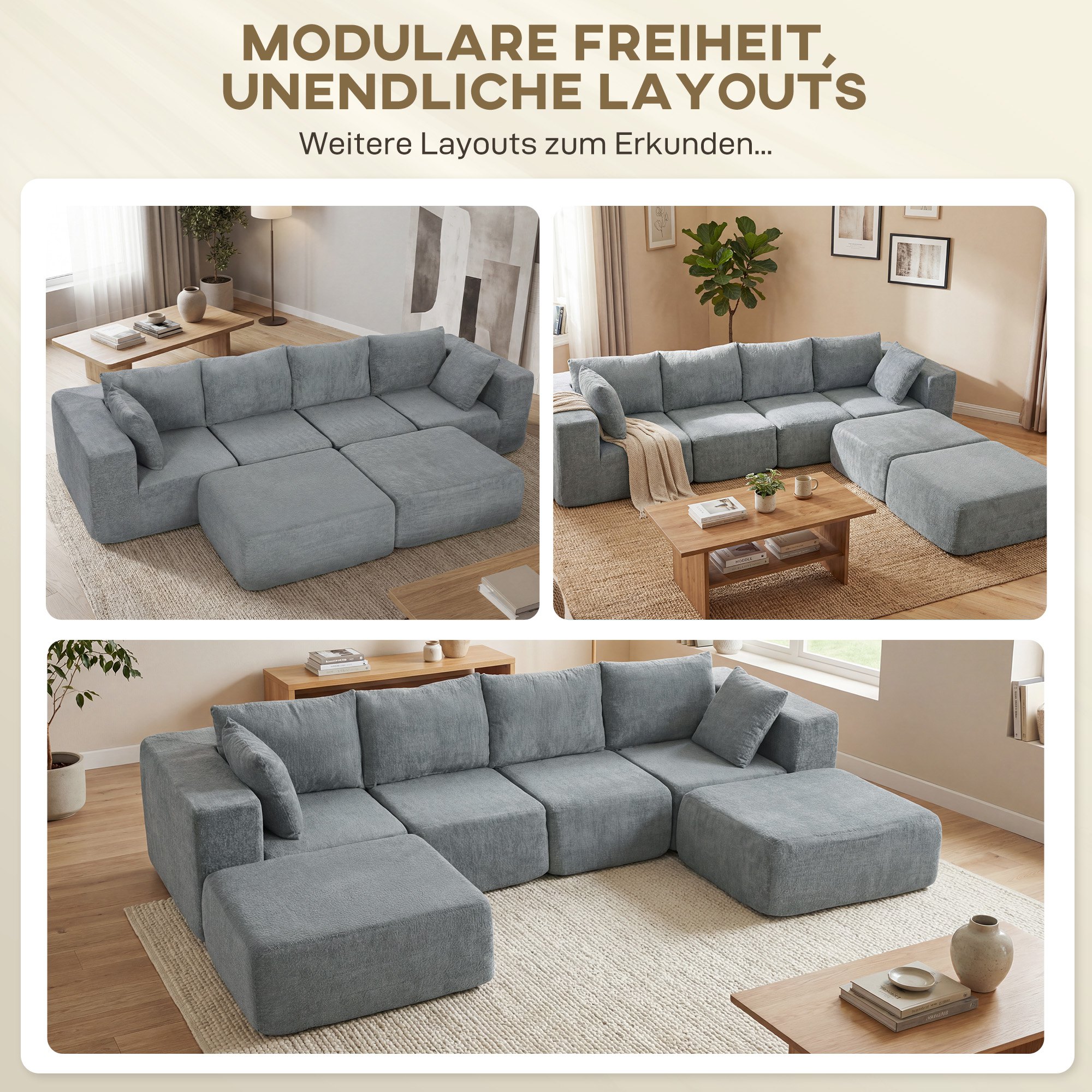 Modulares Ecksofa, U-Form Sofa mit breitem und tiefem Sitz, 2 Hocker, dunkelgrau