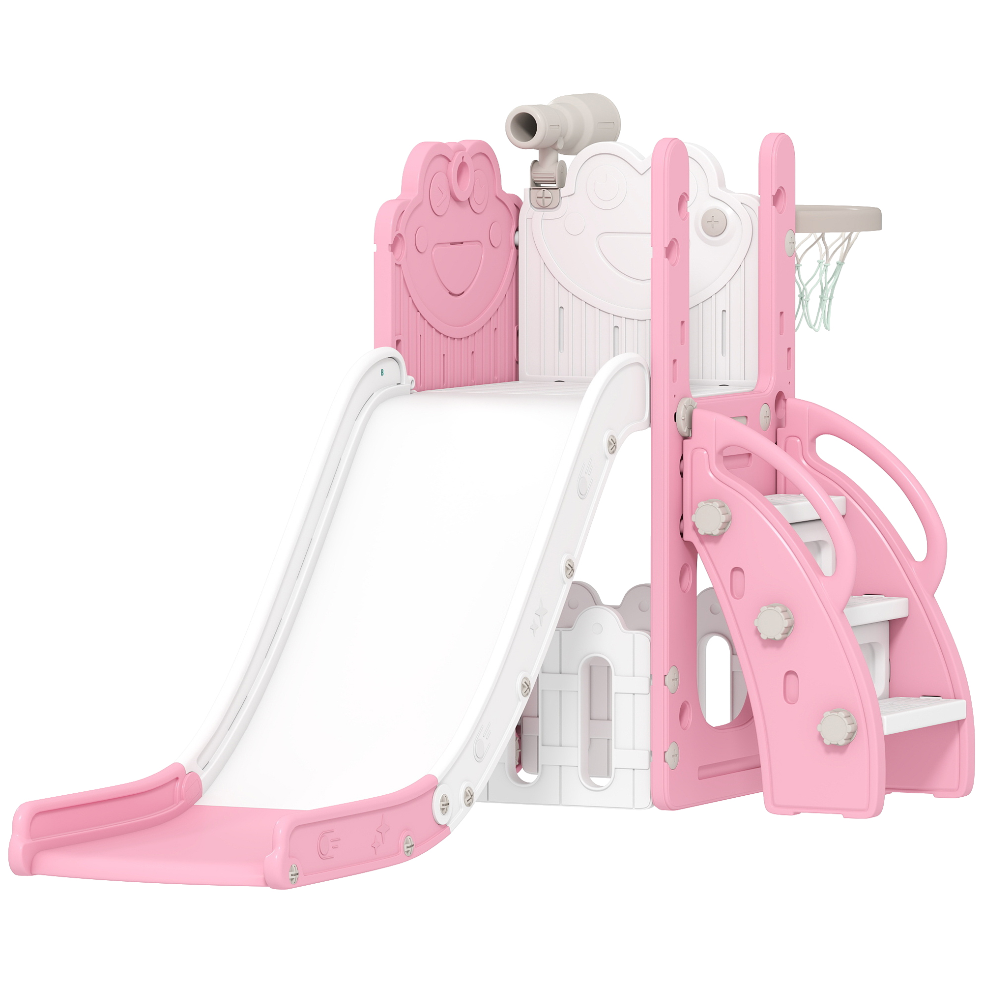 5-in-1 Kinderrutschenset, Teleskop, Basketballkorb, HDPE, Kunststoff, Rosa+Weiß