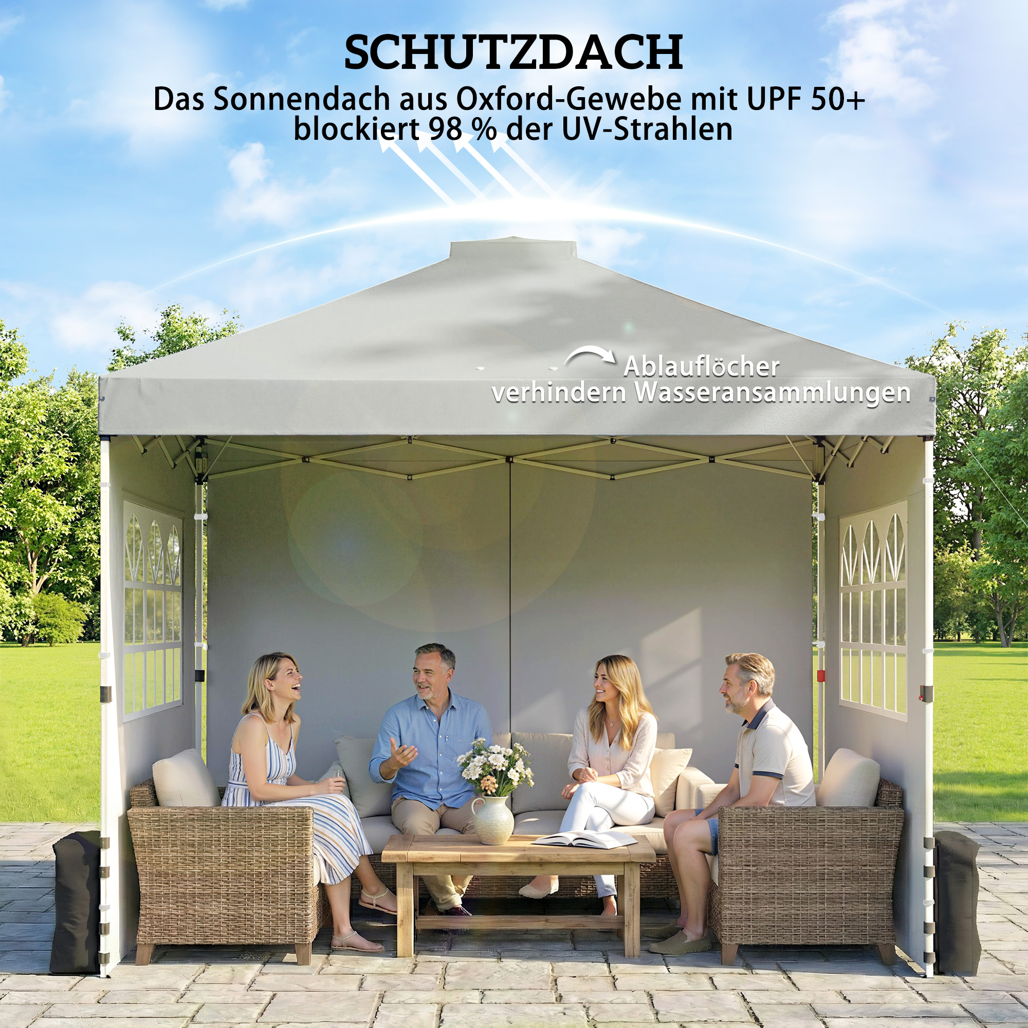 Pavillon ca. 3x3 m Wasserdicht Höhenverstellbar Pop-up Faltpavillon mit 3 Seitenwänden Fenster Lüftung, UV 50+ Hellgrau