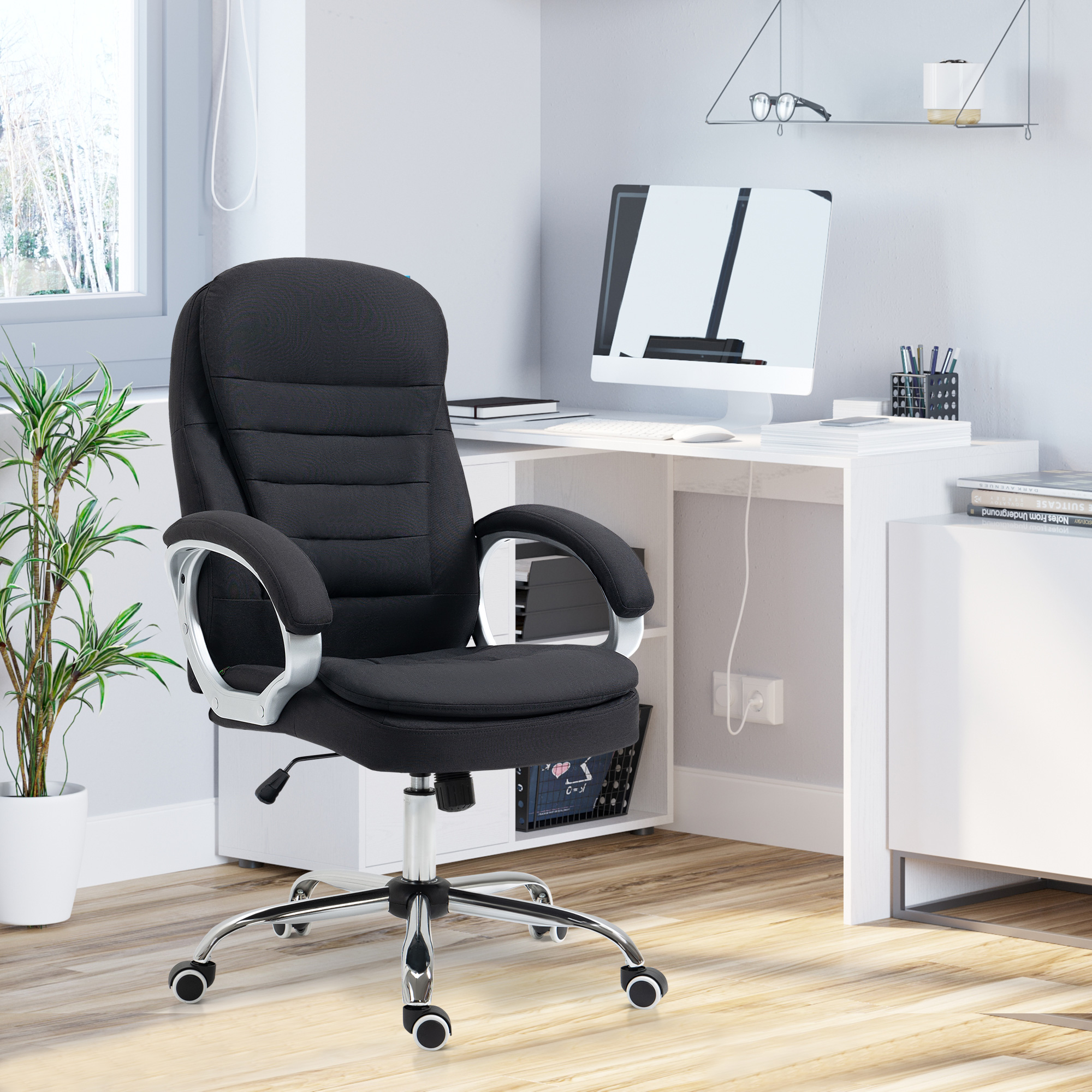 Bürostuhl Arbeitsstuhl Schreibtischstuhl Drehstuhl 360° Ergonomisch Wippfunktion Höhenverstellbar Schwarz Leinen 64 x 75 x 111-121 cm