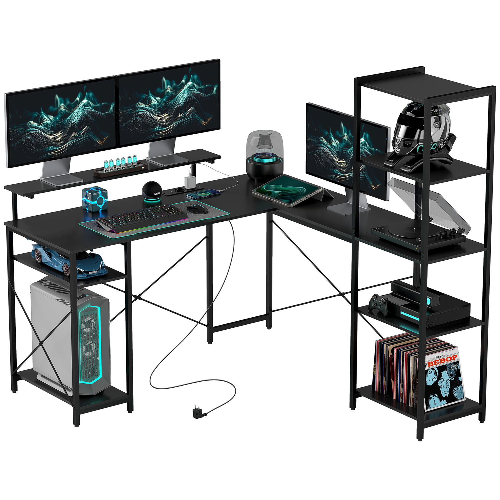 L-förmiger Schreibtisch mit Ladestation, Eck-Computertisch mit Monitorständer und Regalen, für Homeoffice, Büro, Schwarz