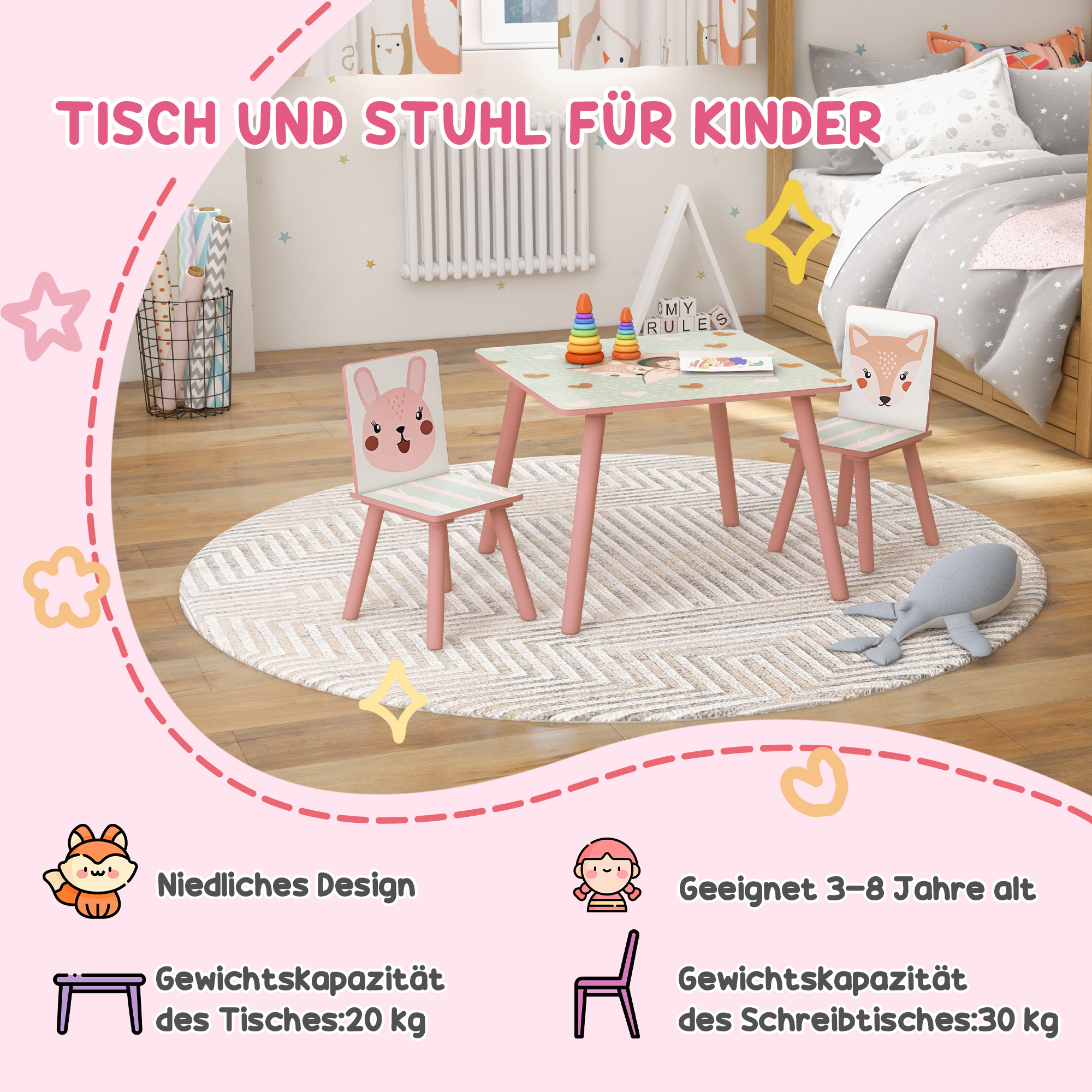 Kindersitzgruppe aus Kiefernholz, Tisch mit 2 Stühlen, Tiermotiv, Kinderzimmer, 3-8 Jahre, Rosa