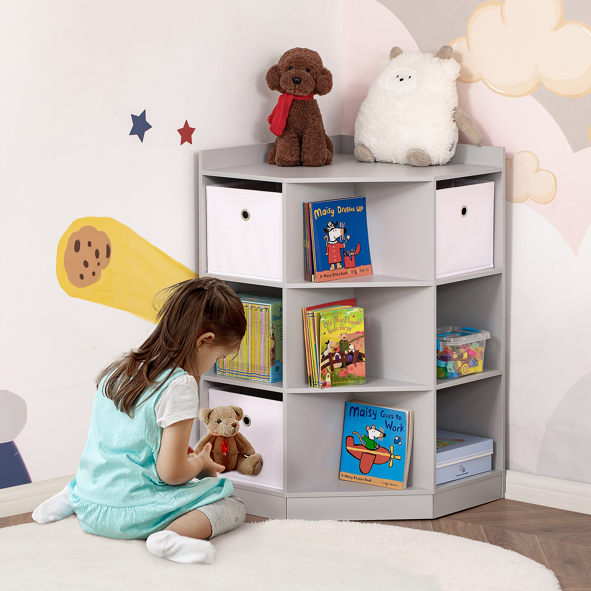 Aufbewahrungsregal für Kinder, 3 Vliesschubladen, MDF, kippsicher, Grau