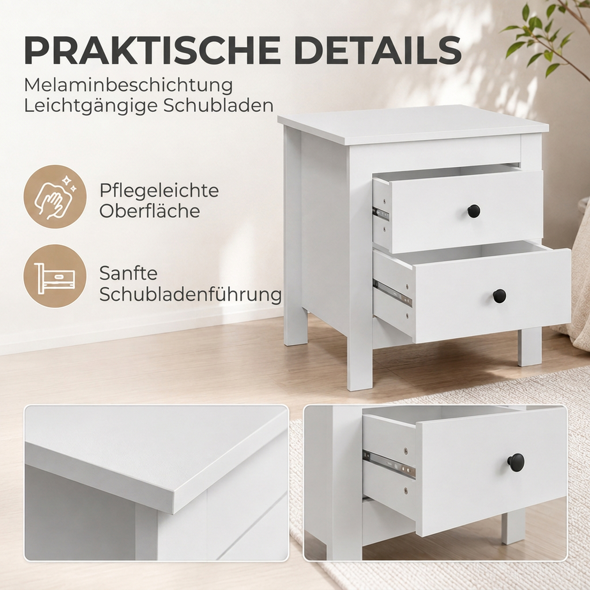 moderner Nachttisch mit 2 Schubladen, Beistelltisch mit Fußpads fürs Schlafzimmer, Weiß
