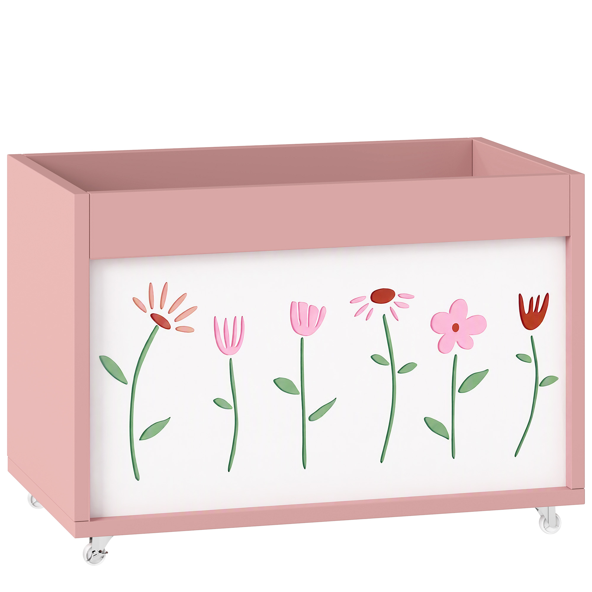 Spielzeugkiste, Aufbewahrungsbox mit Rollen Bremsen, 34,5 L offene Spielzeugtruhe mit Blumenmuster, 50 x 30 x 33,5 cm