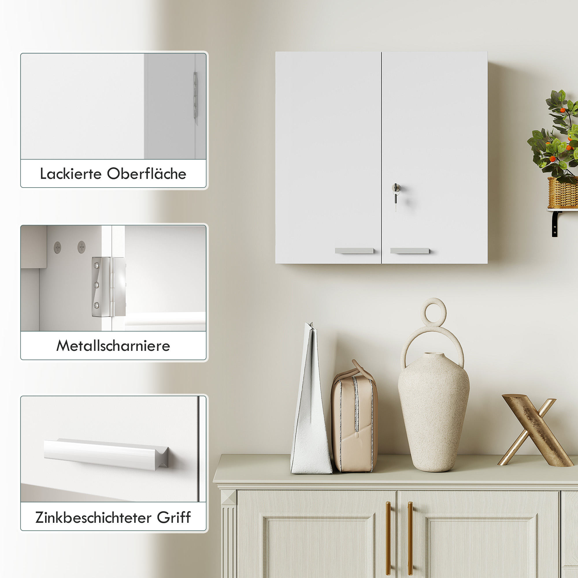 Medizinschrank abschließbar 2-türig Hängend Medikamentenschrank mit 11 Fächer 2 Schlüssel, 53 x 20 x 53 cm, Weiß