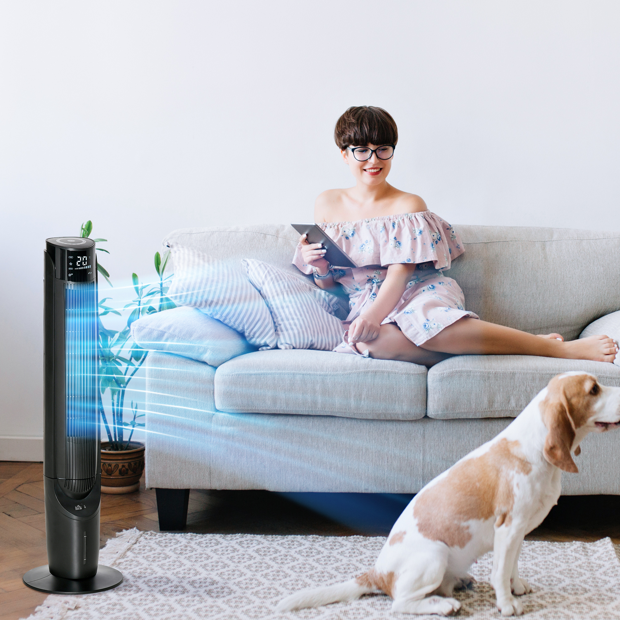 Turmventilator, Klimaanlage mit 4 Modi, 3 Geschwindigkeiten, Timer, Kunststoff