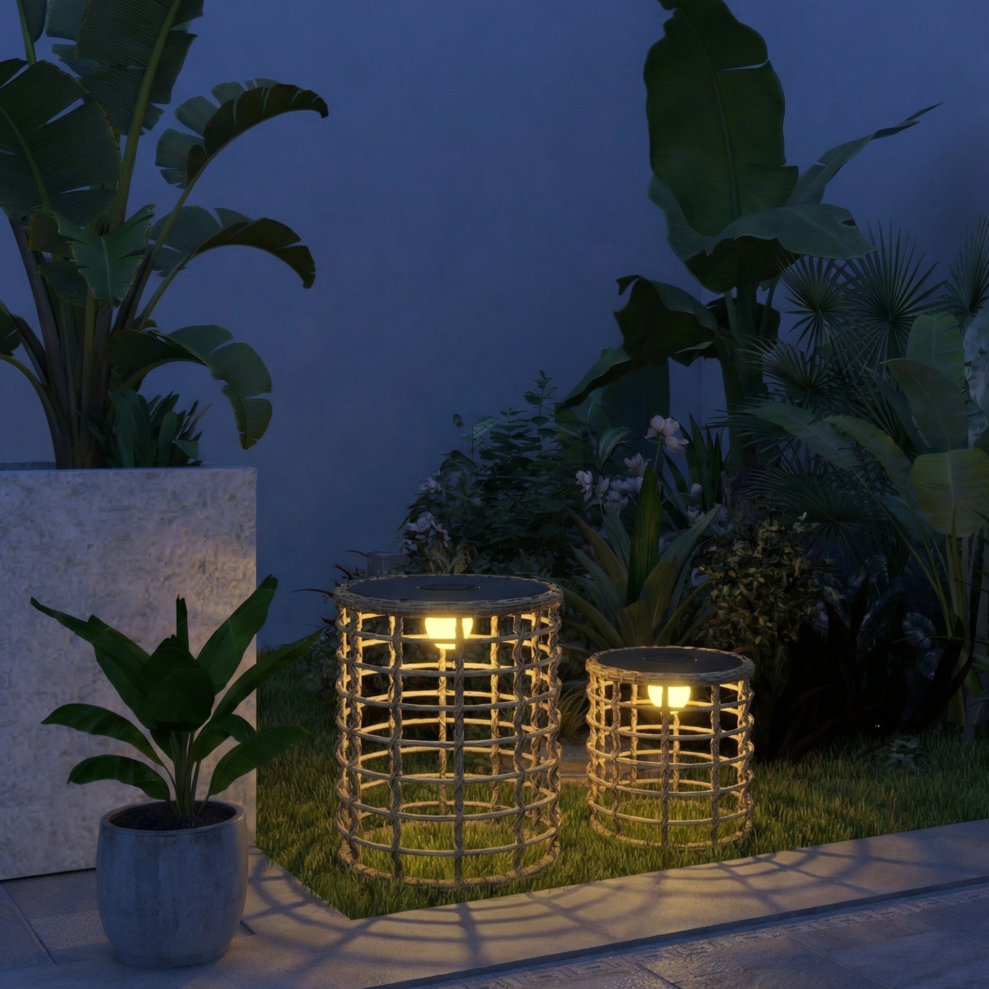 Solar Stehlampe 2er Set Rattan Solarlampen mit Lichtsensor LED Solarleuchte im Boho-Stil IP44