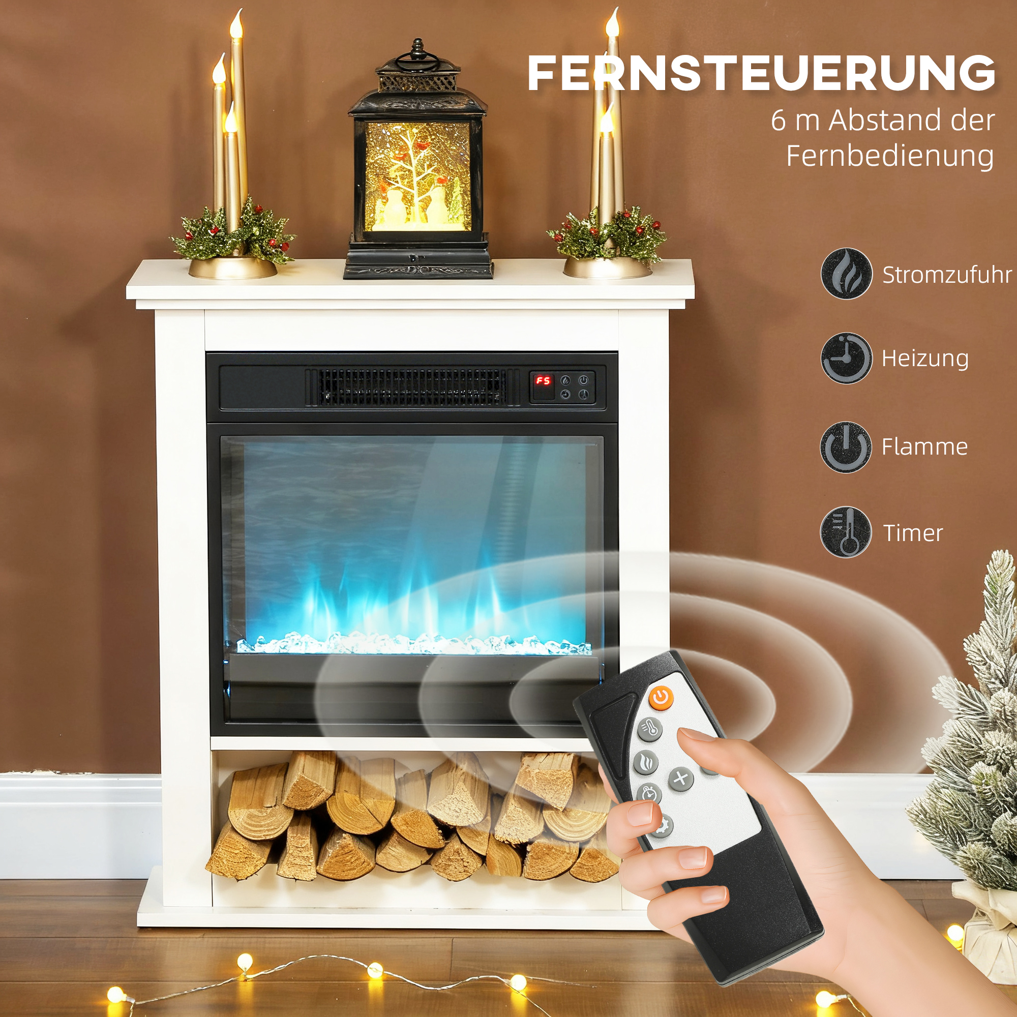 Elektrischer Kamin, realistische Flammen mit 9 Farben, verstellbare Helligkeit, 1800W, Fernbedienung, Timer, Weiß