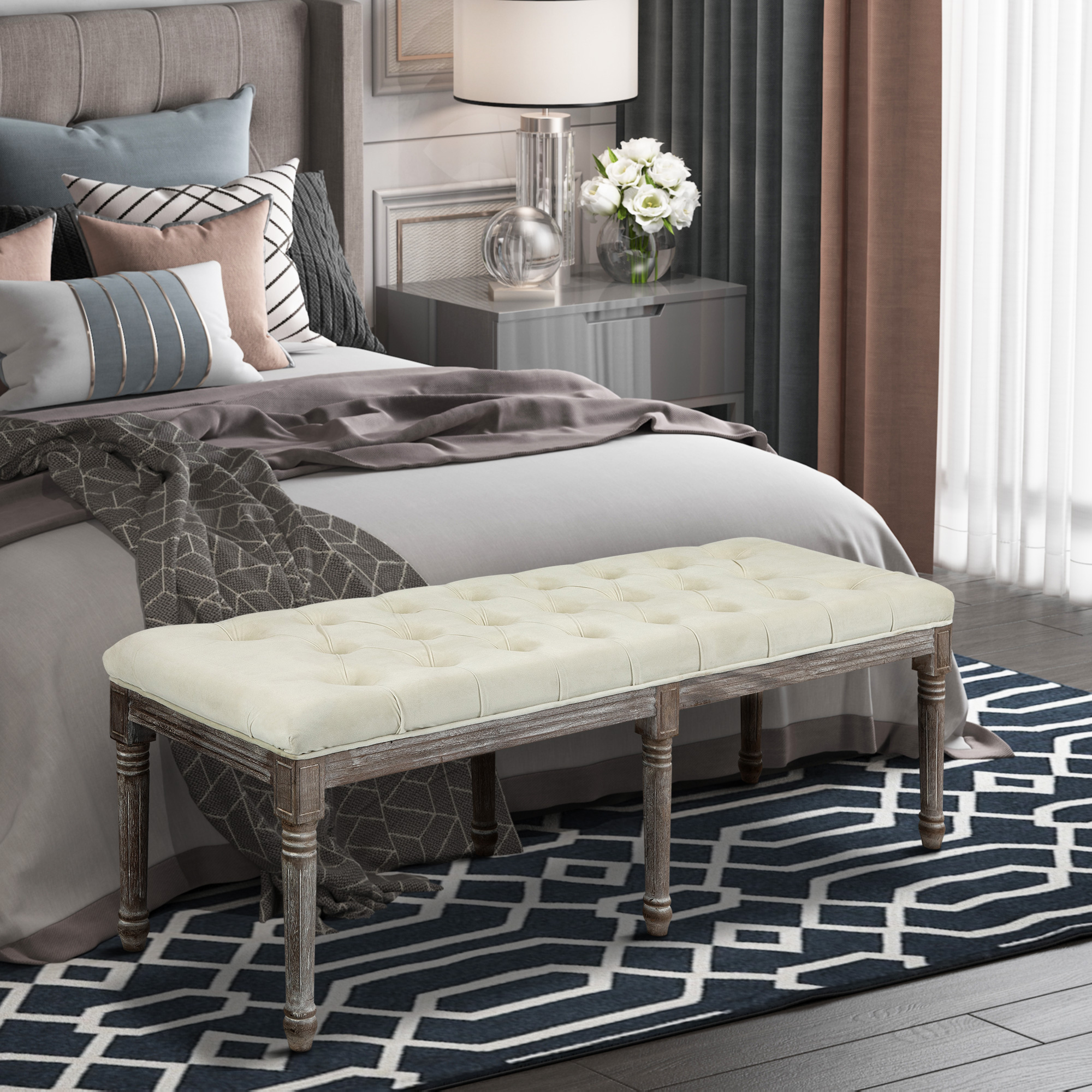 Polsterbank Sitzbank Vintage Bettbank mit Knöpfen Samtige Berührung Gummiholz Beige 142 x 47 x 51 cm