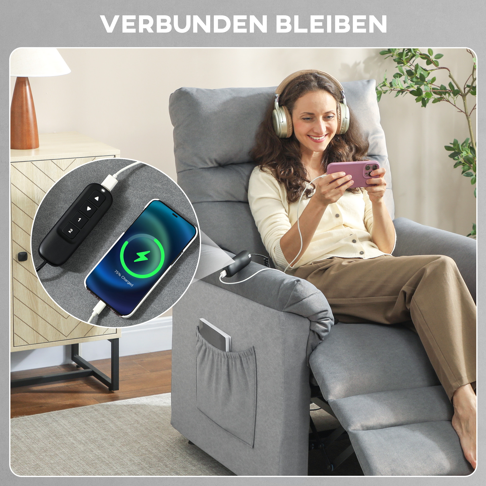 Relaxsessel, Fernsehsessel mit Liegefunktion, Lendenheizung, 2 Fernbedienungen, USB-Anschluss, Leisem Motor, Grau