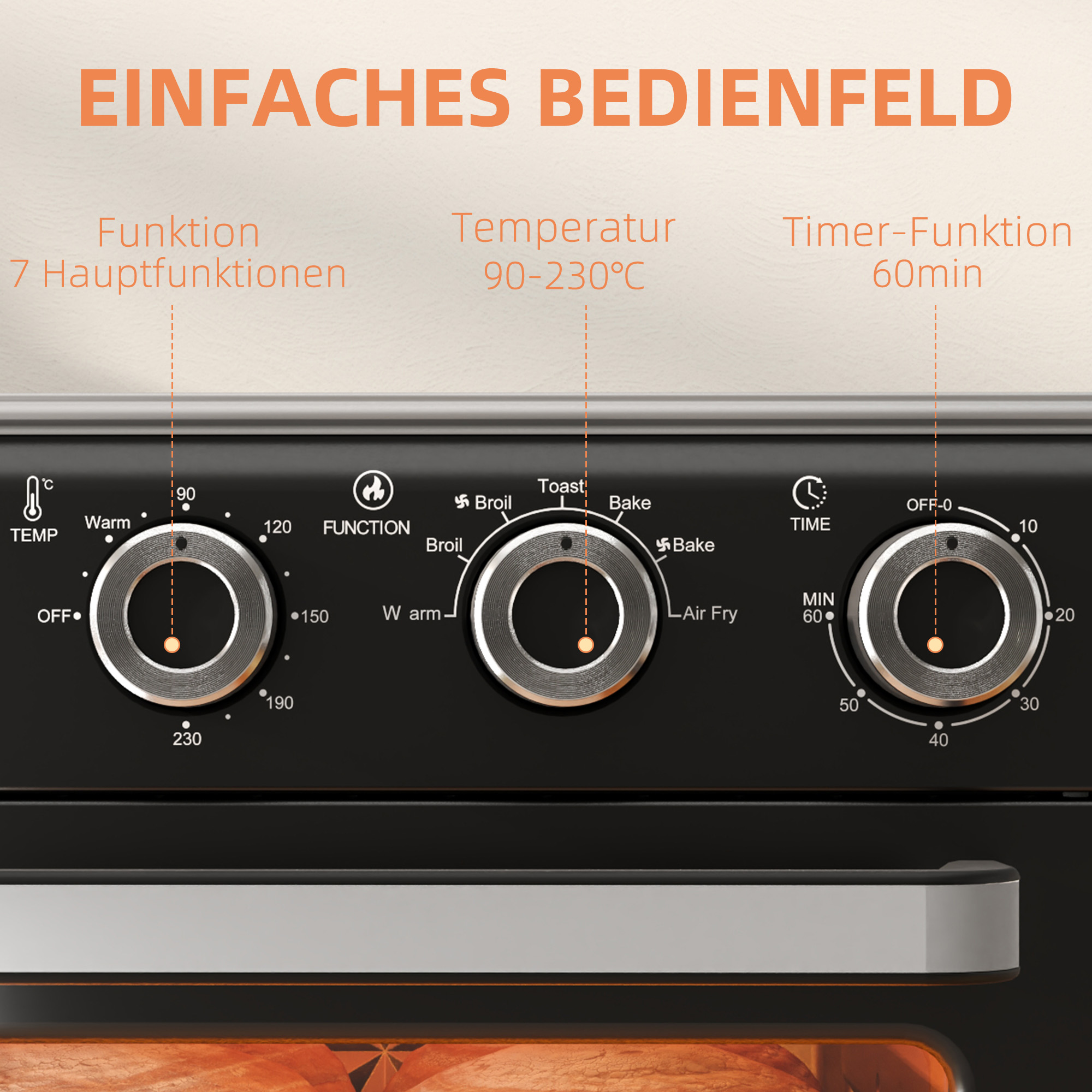 Minibackofen, 20L, 5 Funktionen, 360° Heißluft, Grillrost, Krümelblech, Schwarz