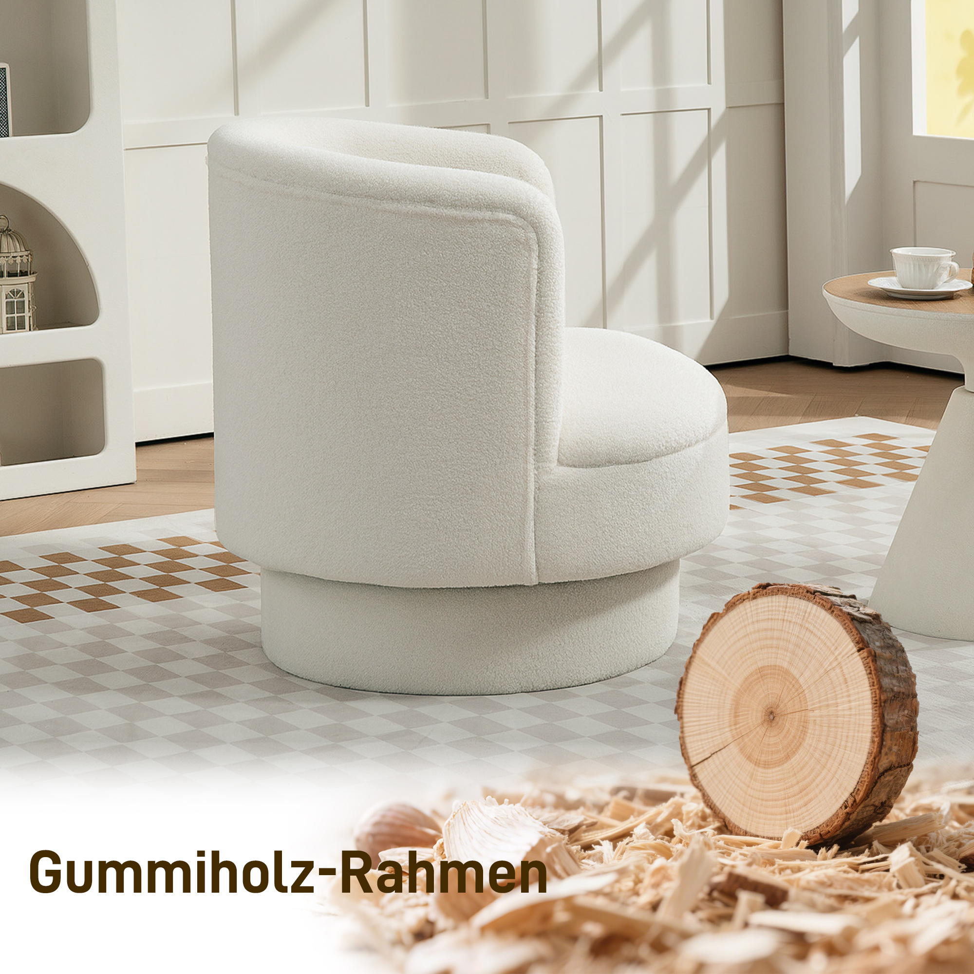 Drehbarer Polstersessel, Moderner Lounge-Sessel mit Kautschukholzrahmen, für Wohnzimmer, Schlafzimmer, Cremeweiß