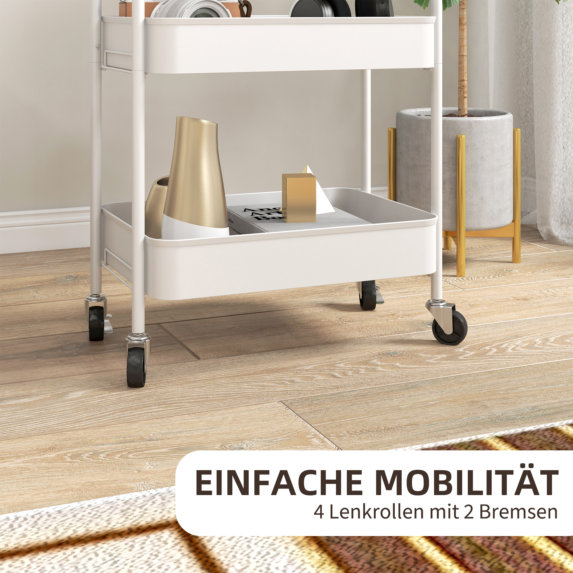 Mehrzweckwagen Rollwagen Küchenwagen, 3 Regale, 4 Rollen, 45 cm x 30,6 cm x 79 cm, Weiß