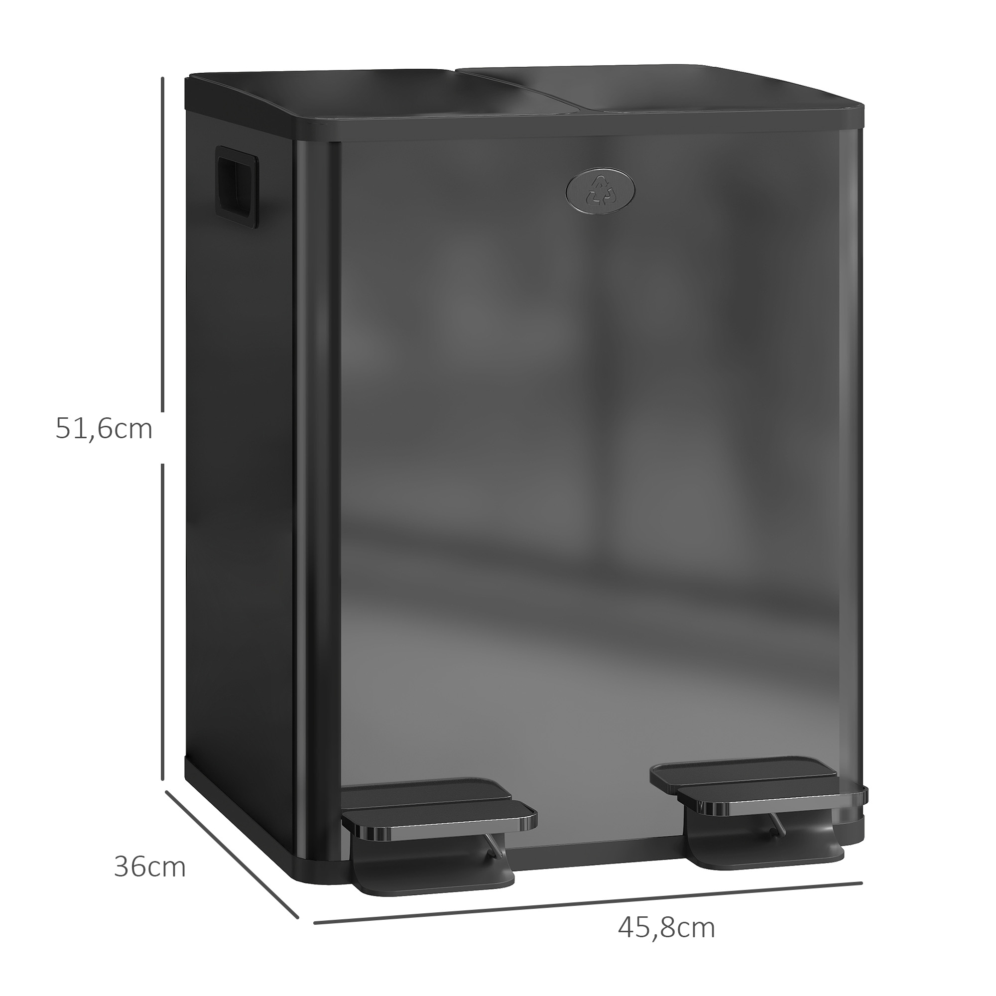2 x 20 L Doppelmülleimer, Pedalöffnung, leicht zu reinigen, Edelstahl, Kunststoff, Schwarz