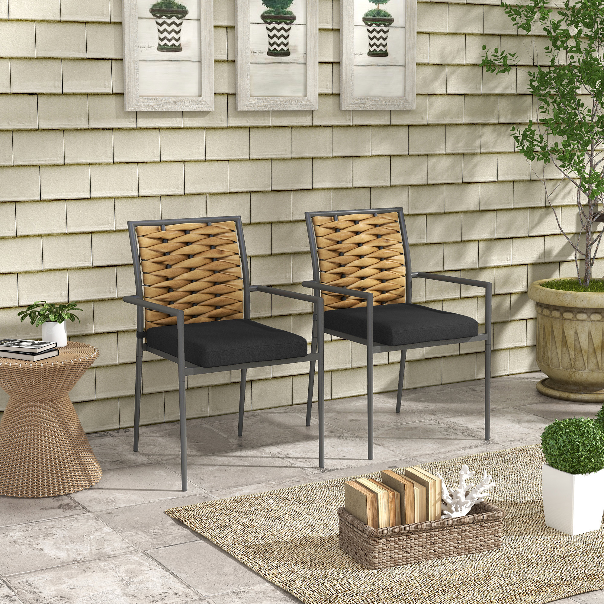 Gartenstühle Outdoor-Stühle Terrassenstühle, wetterbeständig, modernes Design, 57 x 58 x 87cm, Braun+Schwarz+Grau