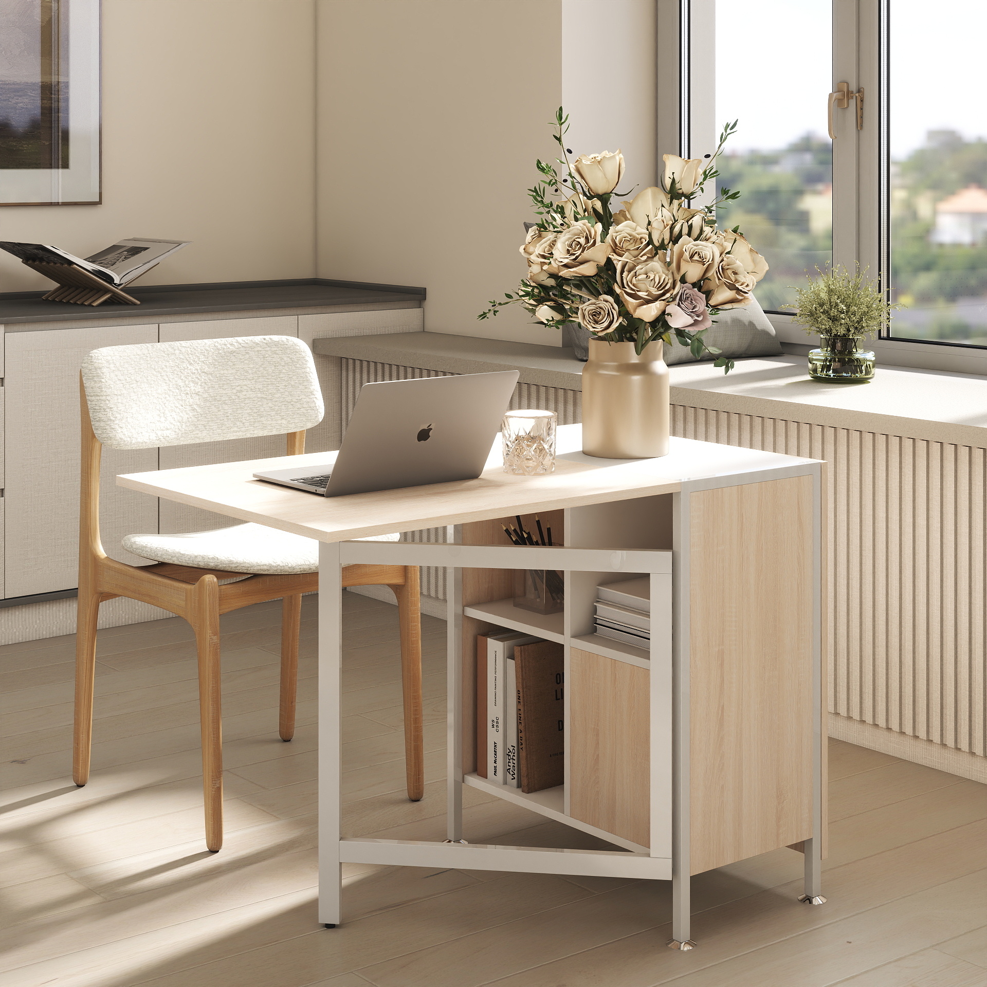 Klapptisch Esstisch Beistelltische Ablagefläche für Wohnzimmer Küche Eiche Holz Metallrahmen Natur+Weiß 169 x 60 x 75 cm