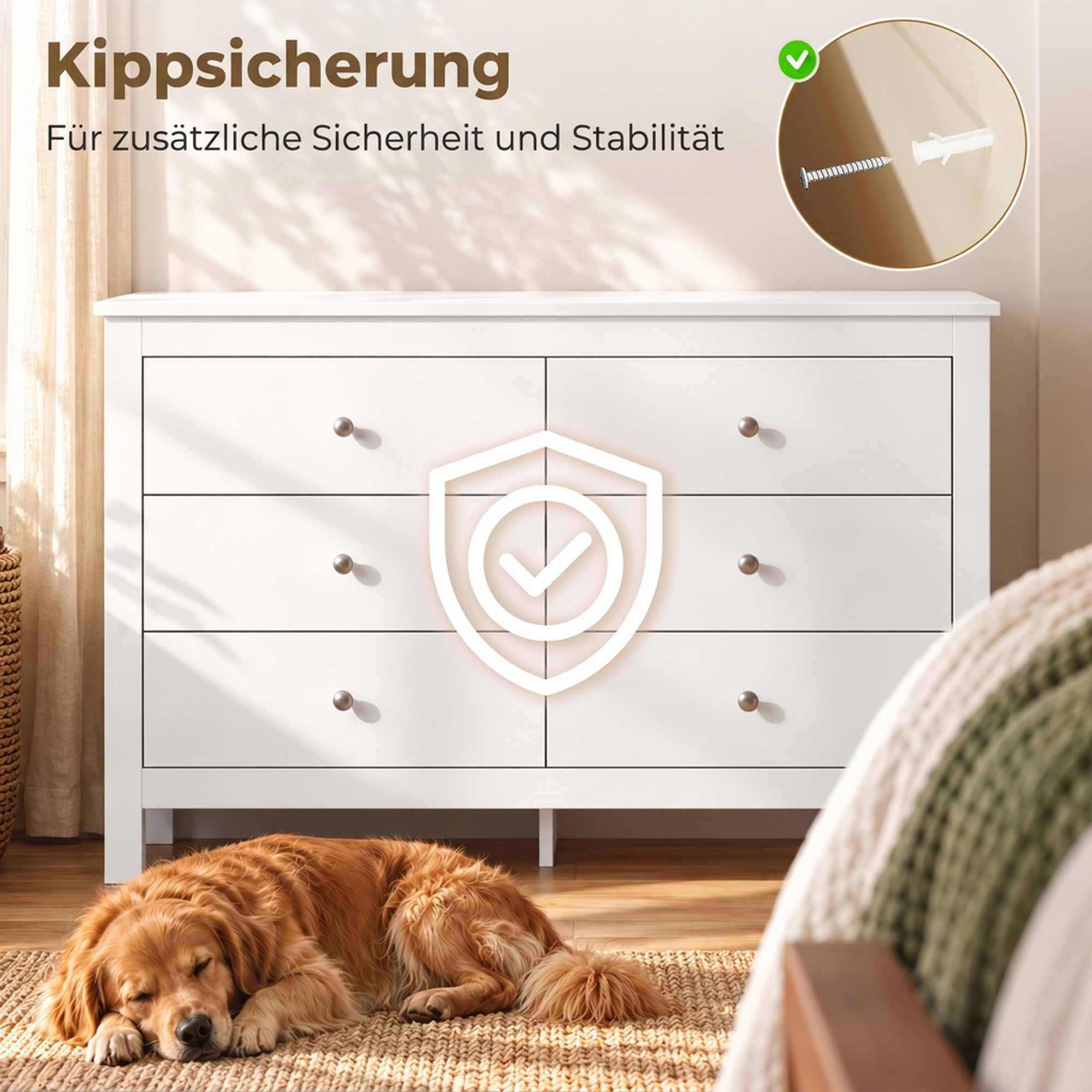 Kommode mit 6 Schubladen, Sideboard mit leichtgängigen Laufschienen für Schlafzimmer, Wohnzimmer oder Flur, 118 x 39,5 x 75,5 cm, Weiß