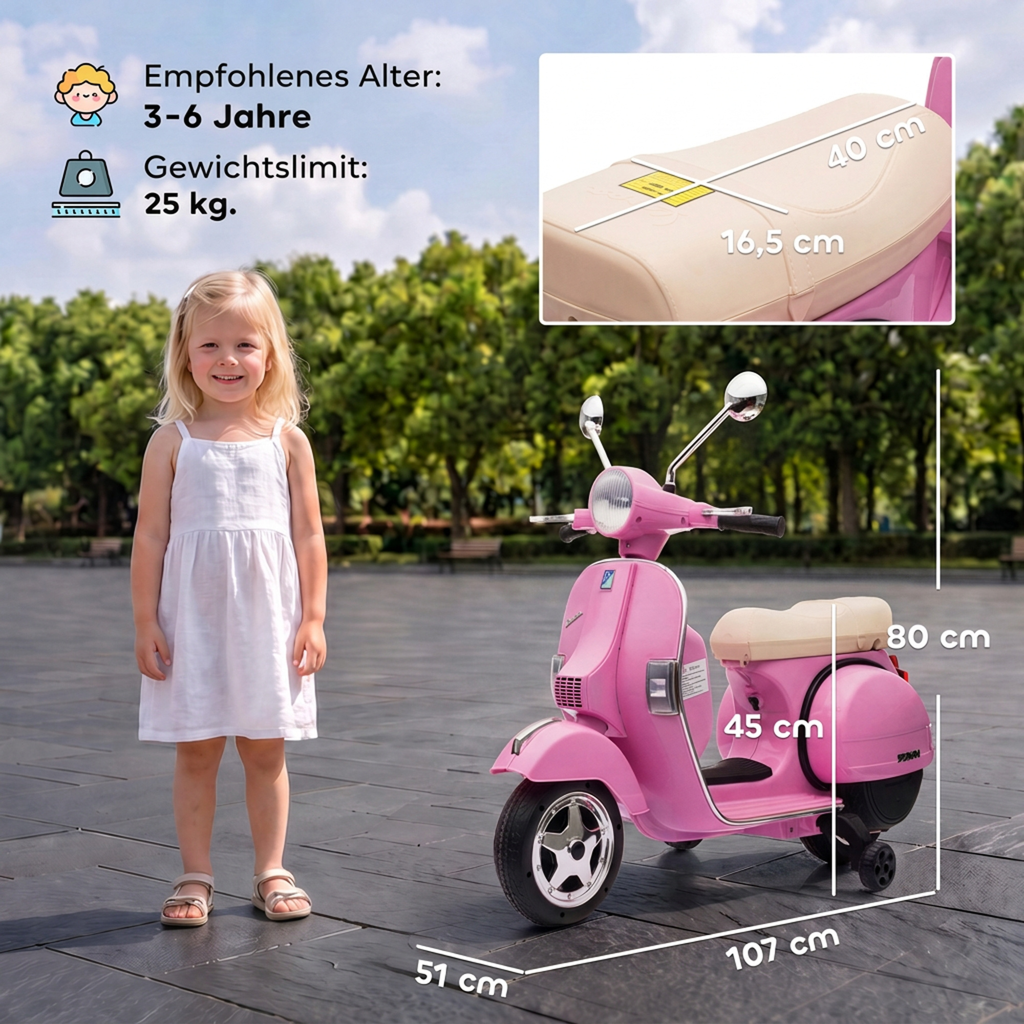 Elektro Motorrad Kinder Vespa PX150 12V Elektromotorrad mit Lithium Akku 35W 2 Motoren 25° Lenkbegrenzung für 3-6 Jahre