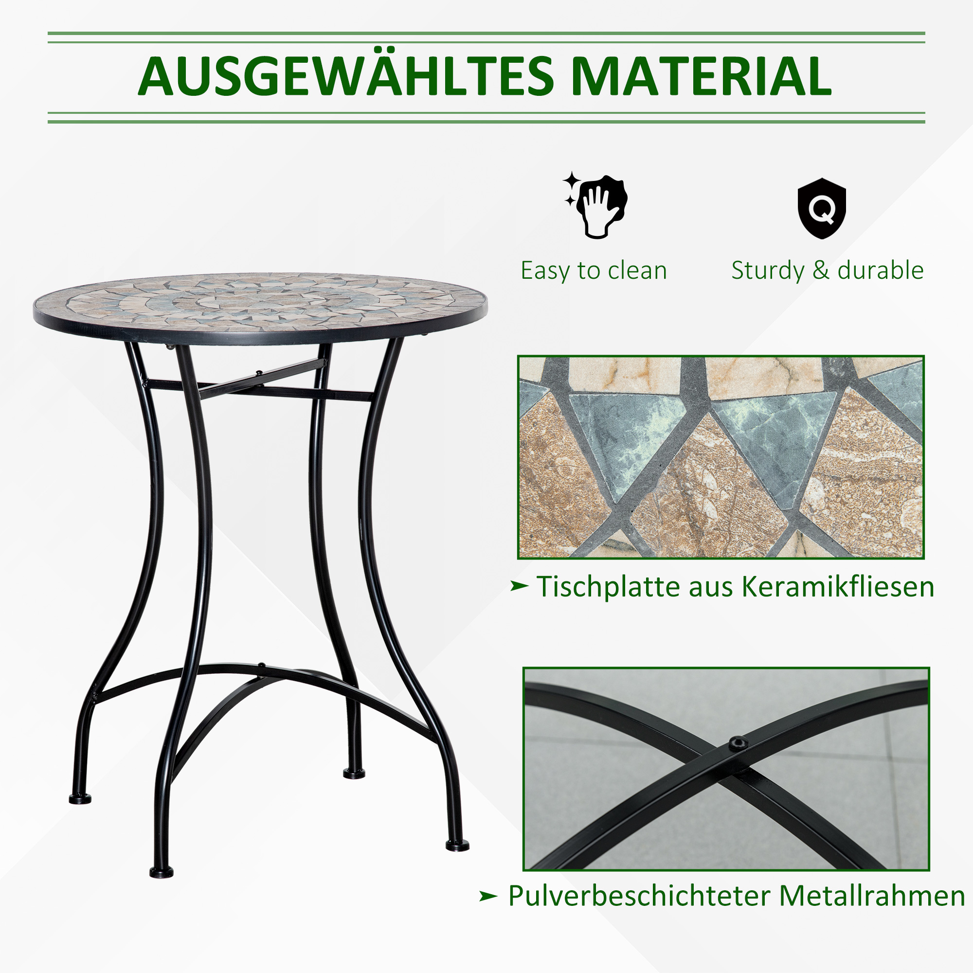 Gartentisch Mosaiktisch rund Bistrotisch Beistelltisch mit Mosaikplatte Keramik Metall Grün+Beige+Weiß Ø60 cm