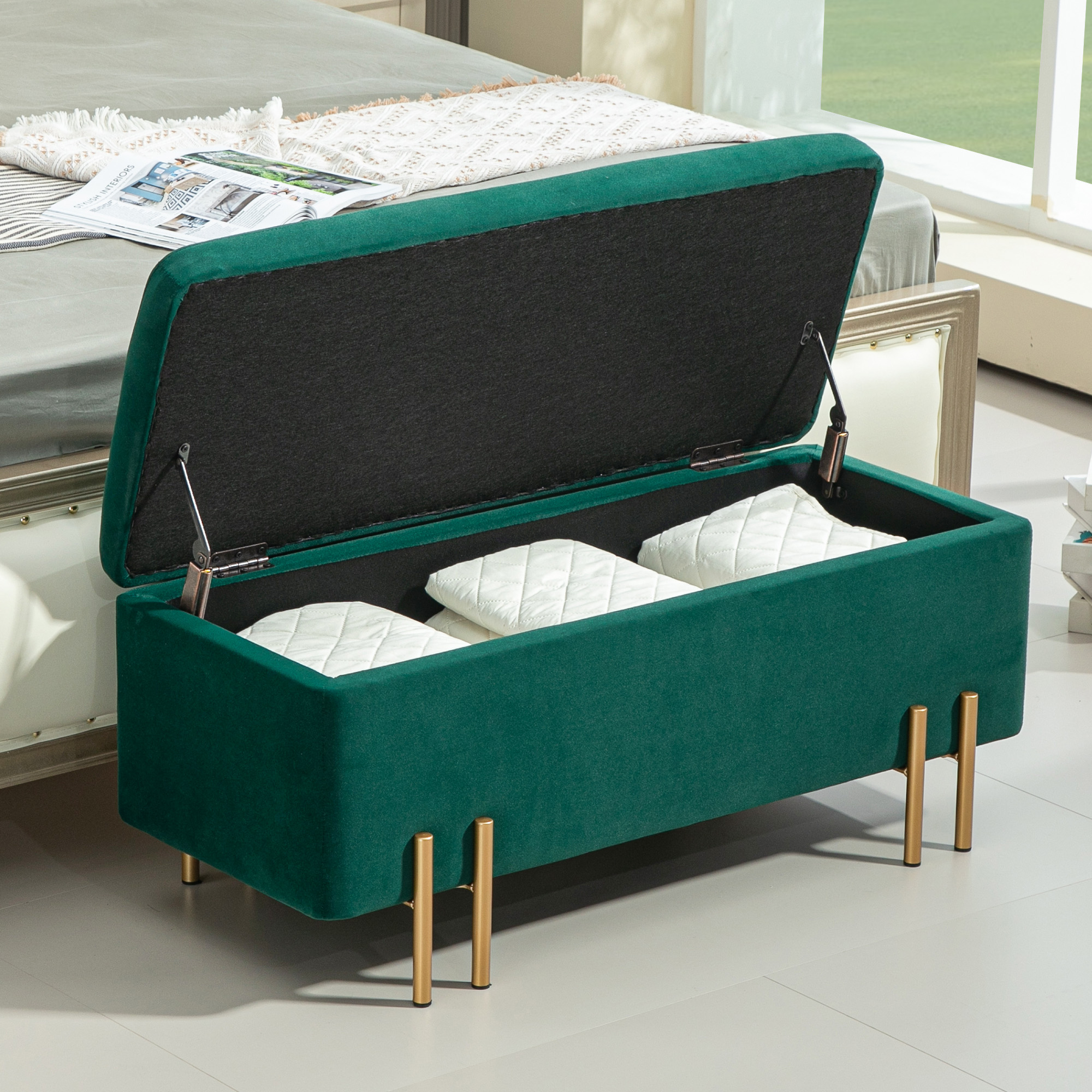 Sitzbank, Polsterbank mit Stauraum, Metall, Kautschukholz, Schaumstoff, 100 x 40 x 42 cm, Grün