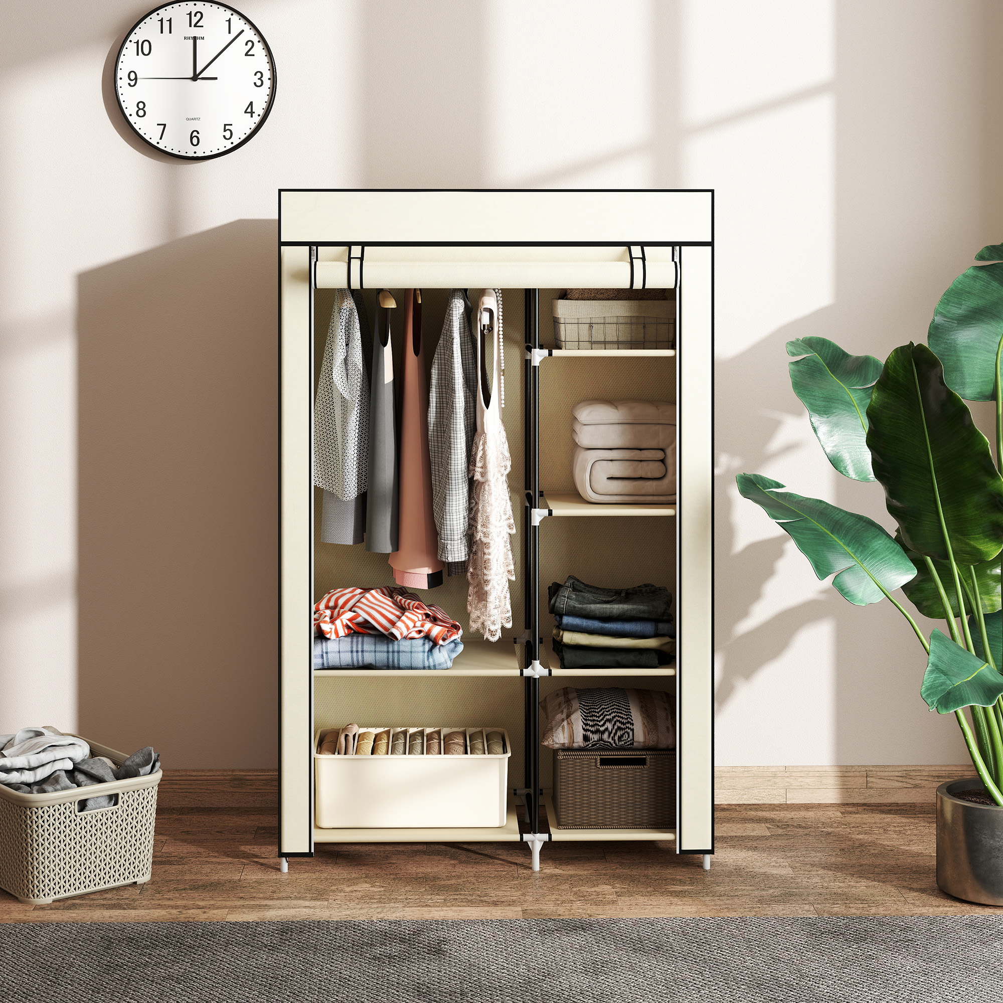 Schrank aus Stoff, Aufbewahrungslösung, 6 Regale, 1 Kleiderstange, Beige