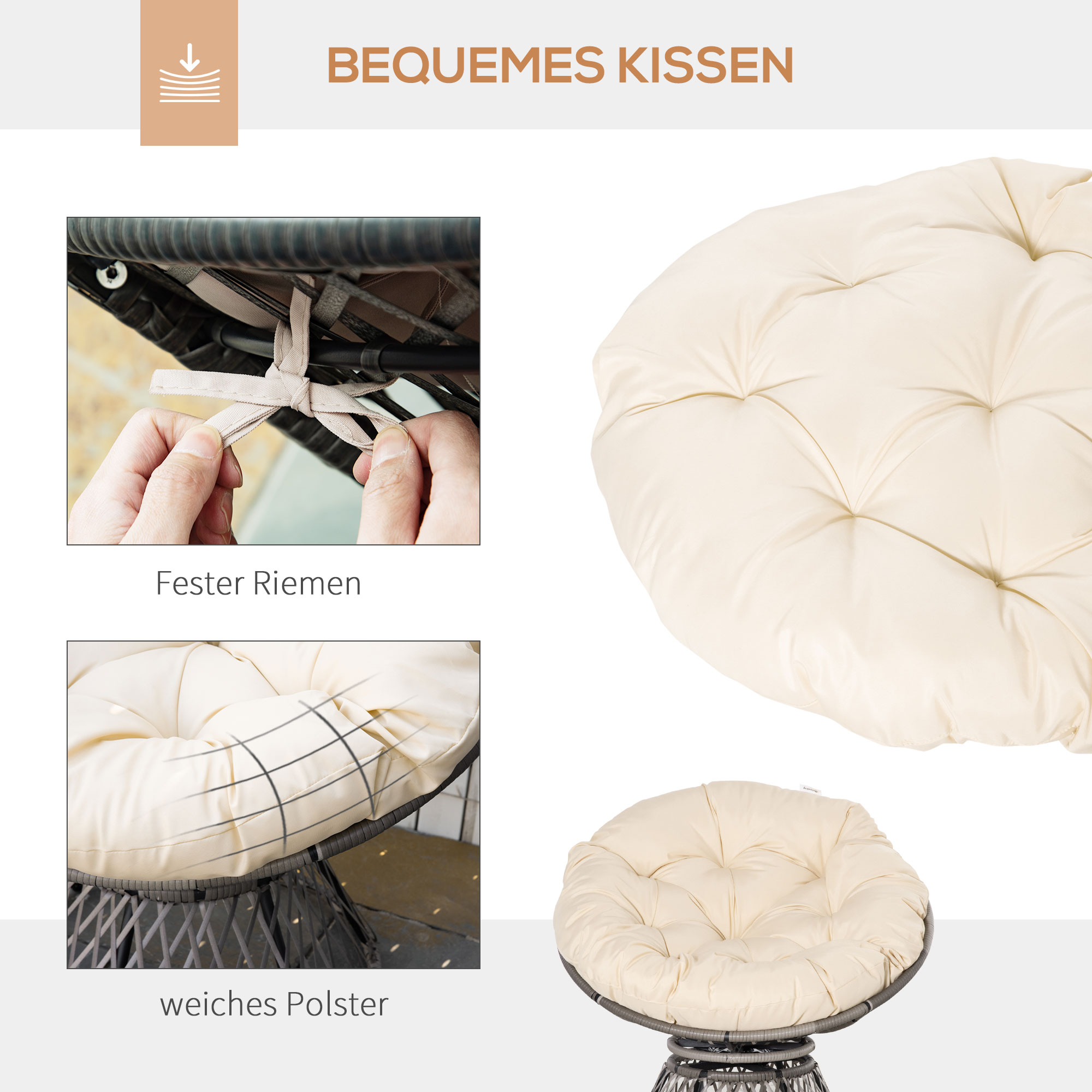 Papasansessel, Korbsessel, Sitzkissen, Kunstrattan, drehbar, Metallrahmen, 87 x 97 x 86 cm, Beige