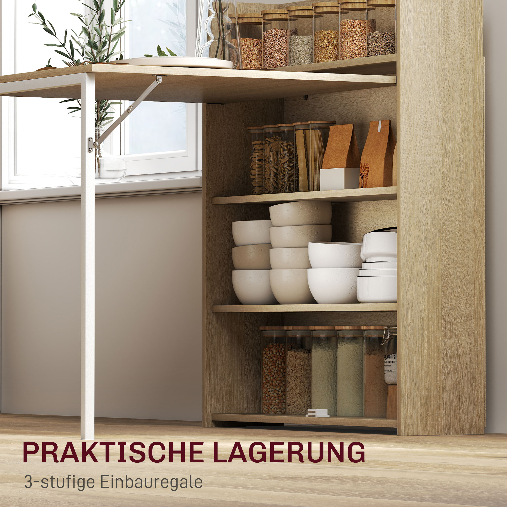 Esstisch Klappbar mit Regal, Industrie-Design, Platzsparend, Für Kleine Räume, 78,5 x 91 x 93 cm, Eiche