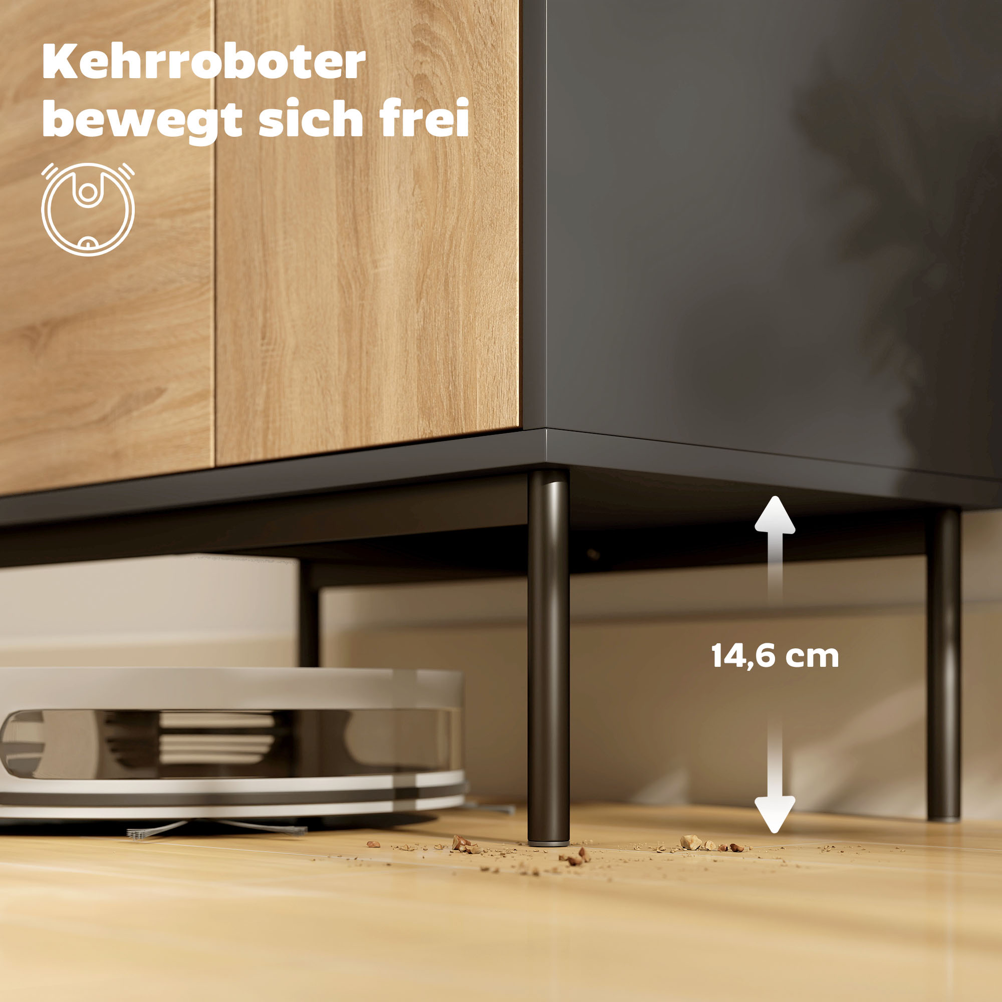 Sideboard mit Push-to-Open Türen, Esszimmerschrank mit Metallbeinen, Küchenschrank, MDF, Schwarz+Naturholz