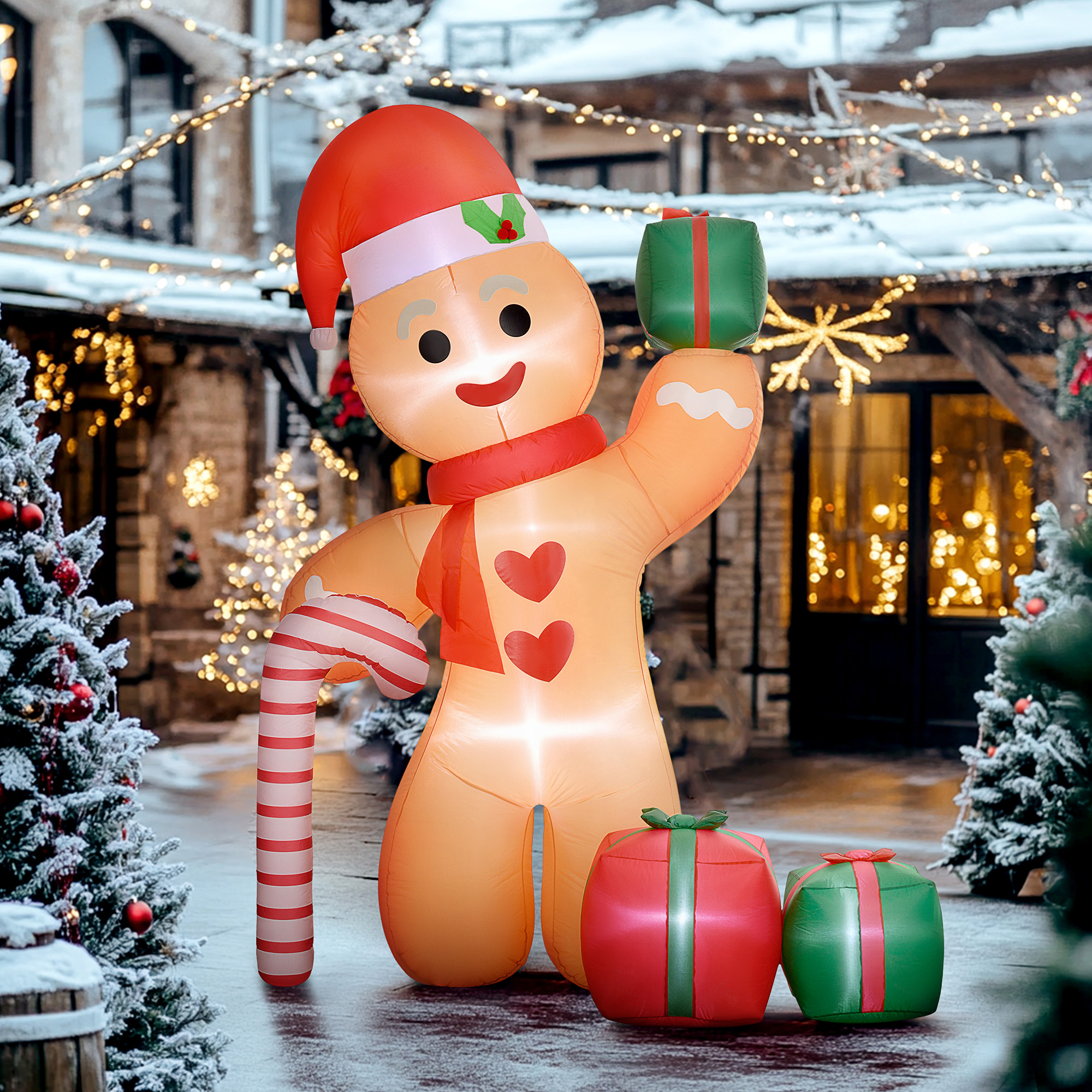 Lebkuchenmann mit Zuckerstange, 2,45 m groß, aufblasbar, weiße LED-Beleuchtung, 170 x 100 x 245 cm