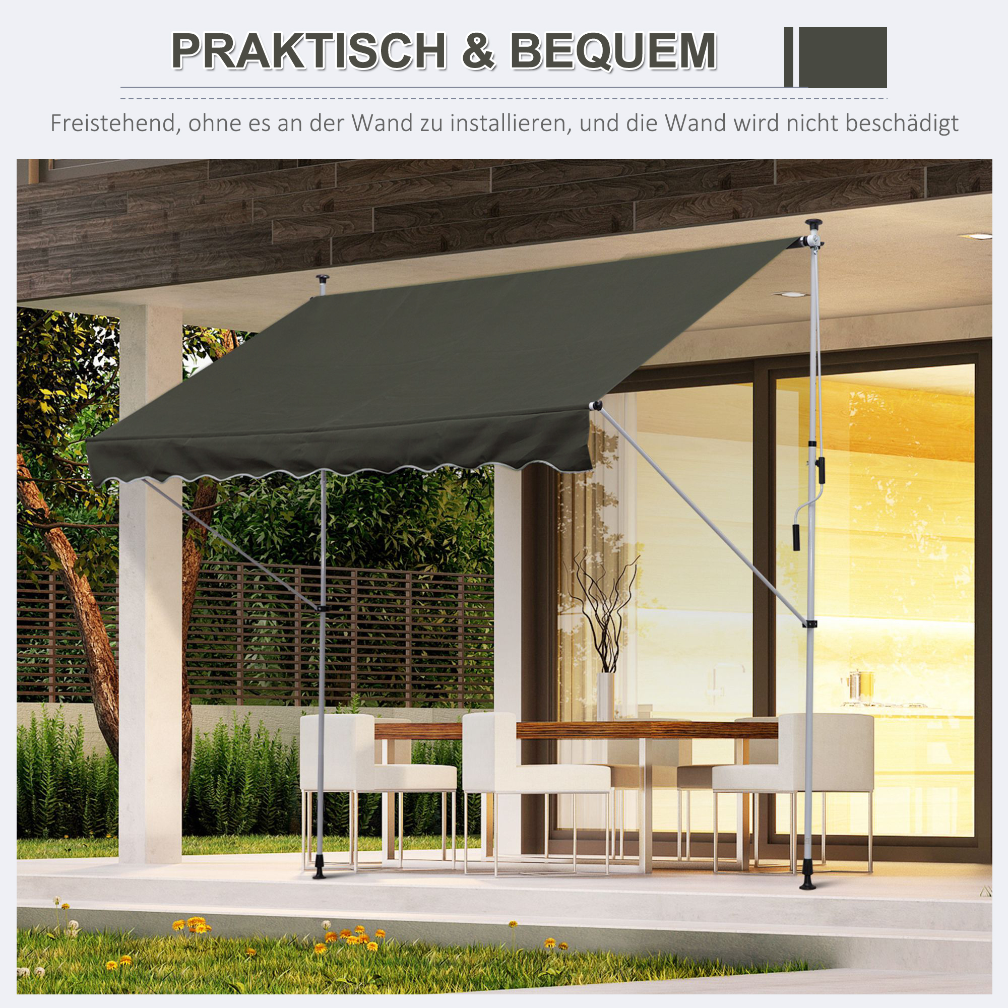 Klemmmarkise mit Handkurbel höhenverstellbar Gelenkarmmarkise schmutzabweisend, witterungsbeständig Balkonmarkise 150cm breit Terrassenmarkise für Terrasse Balkon Veranda Grau