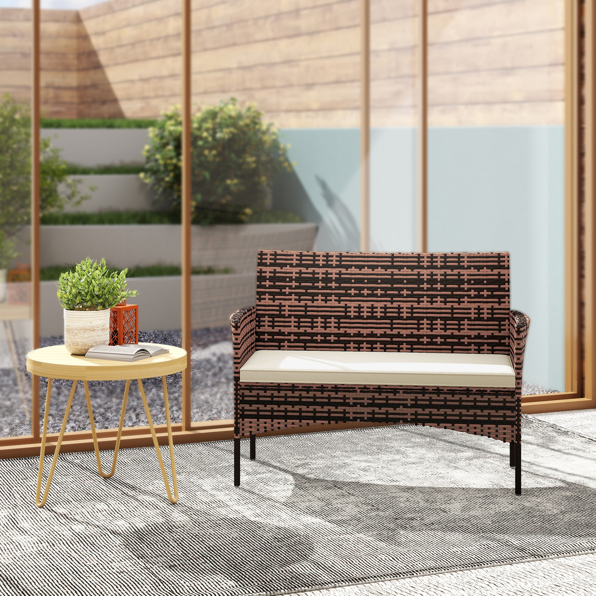 2-Sitzer Rattan Gartensofa PE-Rattan Outdoor-Terrassen-Sofa mit Polster, Anti-Rutsch-Matten, Stahlrahmen, Khaki