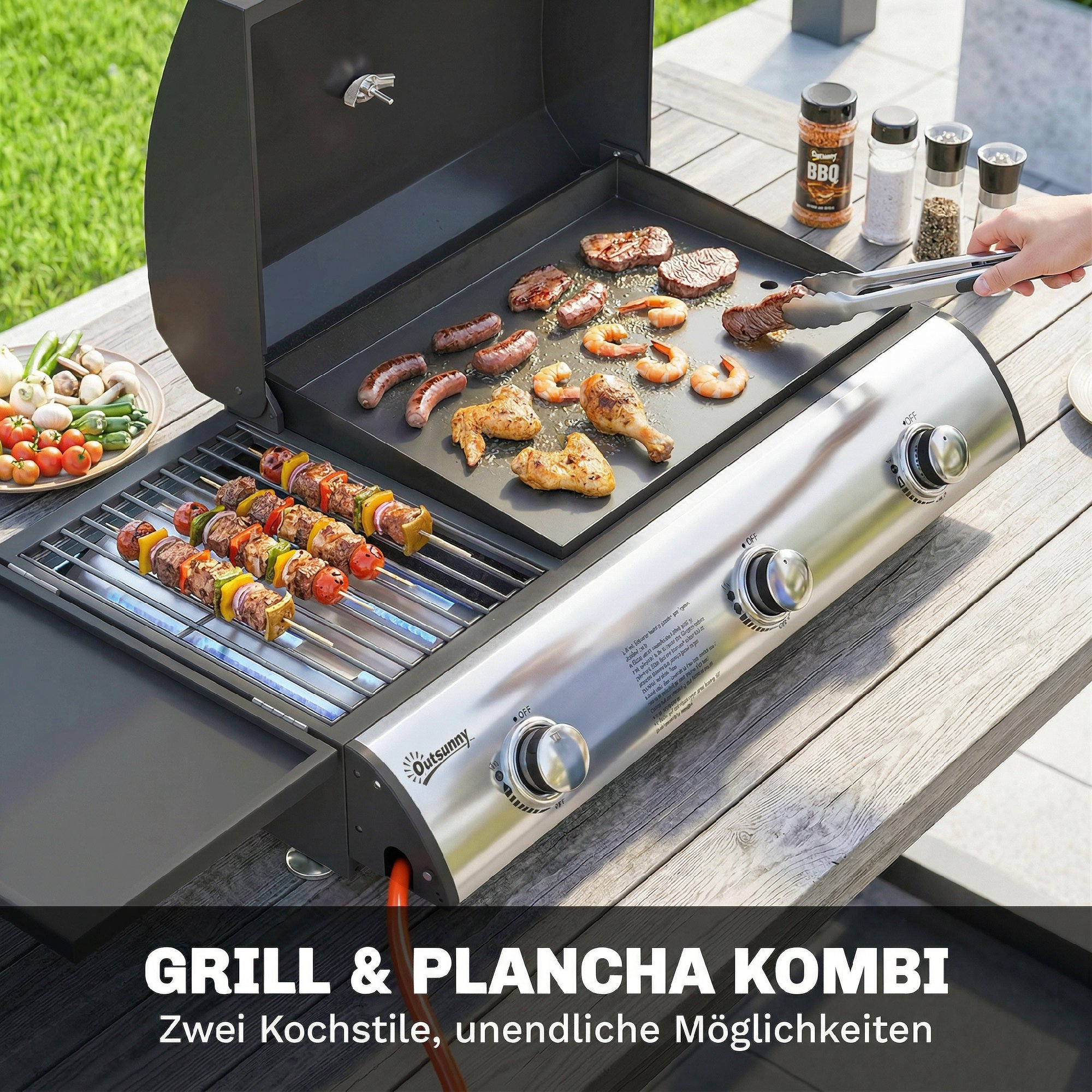 Gasgrill 7,5 KW Tragbarer Tischgrill mit 3 Brenner Seitentisch Bratenplatte Emaille-Grillroste Fettauffangschale