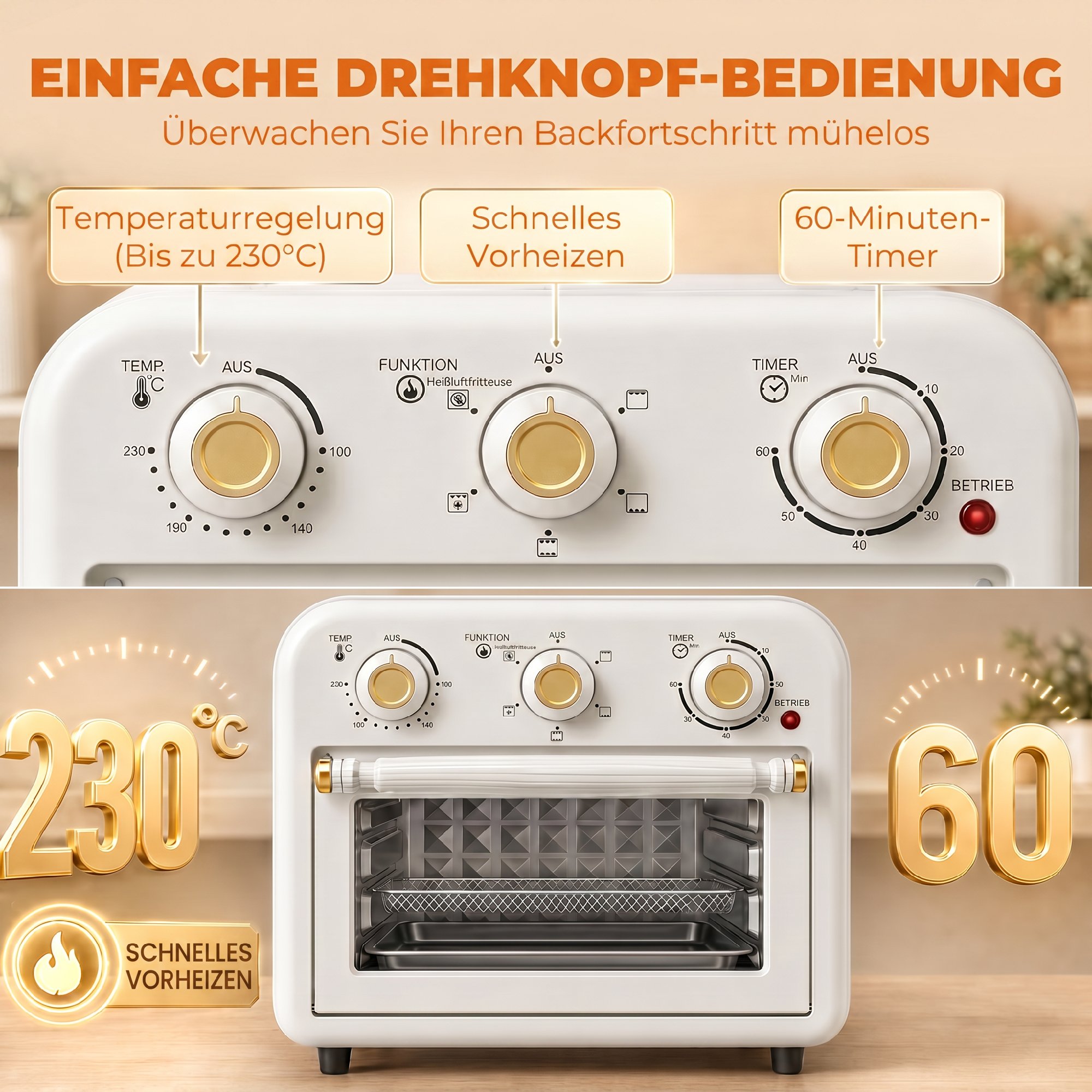 Heißluftfritteuse 12 Liter Mini Backofen mit Umluft, 5 Programmen, Backblech und Frittierkorb, 1200 W, Spülmaschinenfest