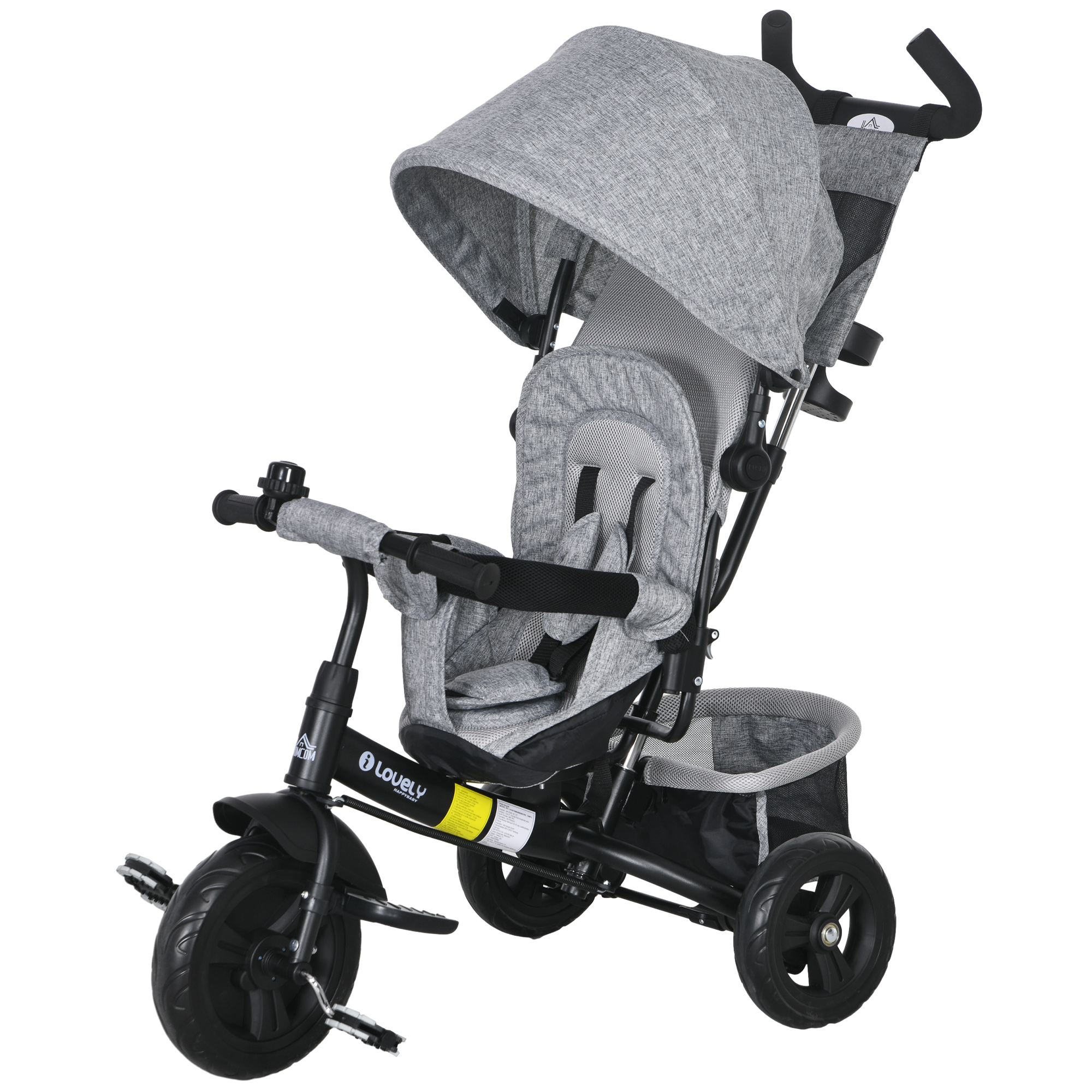 Kinder-Dreirad, Kinderfahrrad, Rückenkorb, Becherhalter, Sonnendach, Metall, Grau Kinder-Dreirad, Kinderfahrrad, Rückenkorb, Becherhalter, Sonnendach, Metall, Grau