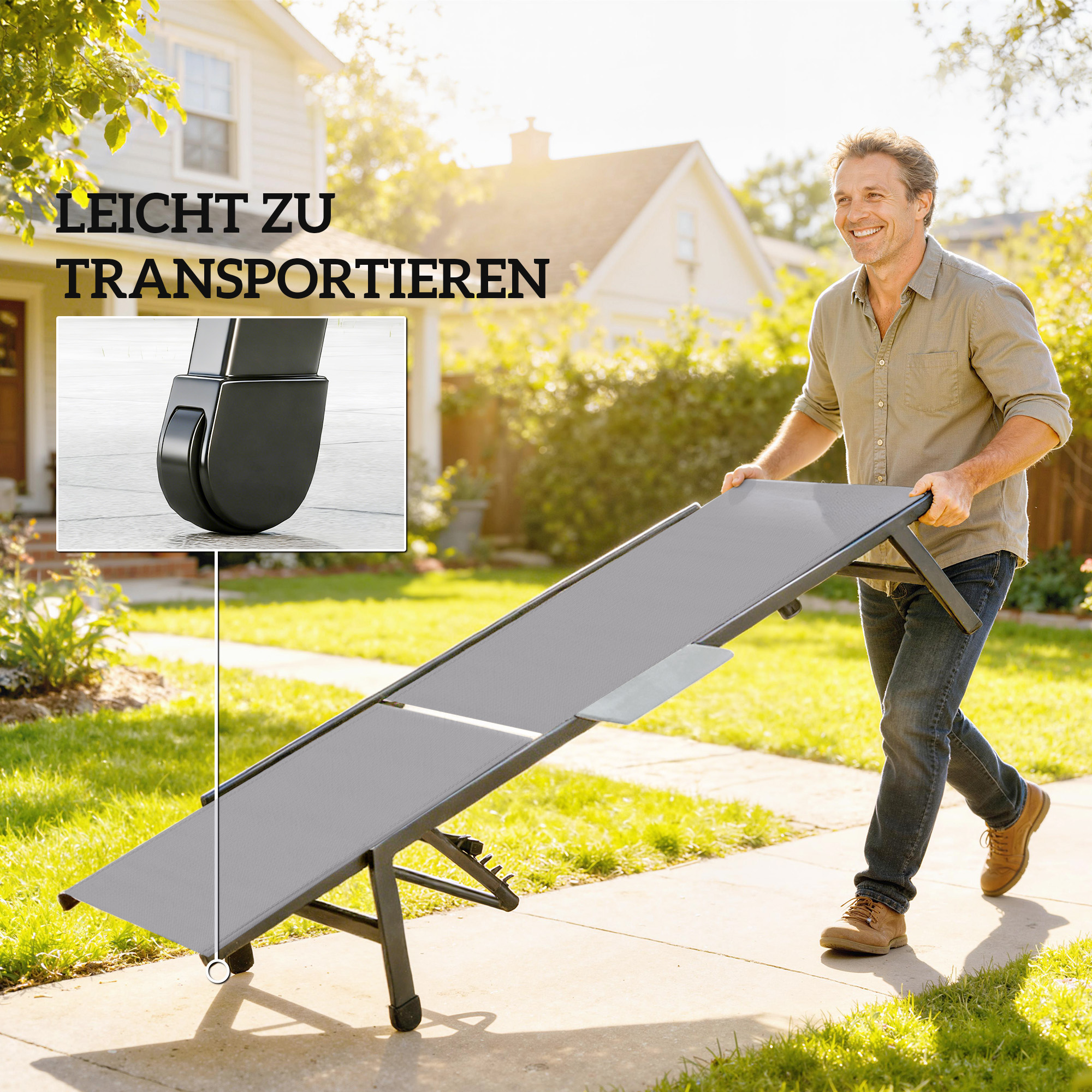 2er Set Sonnenliege Gartenliege mit 5-Fach höhenverstellbarer Rückenlehne Seitentisch 2 Räder, rutschfeste Füße Grau